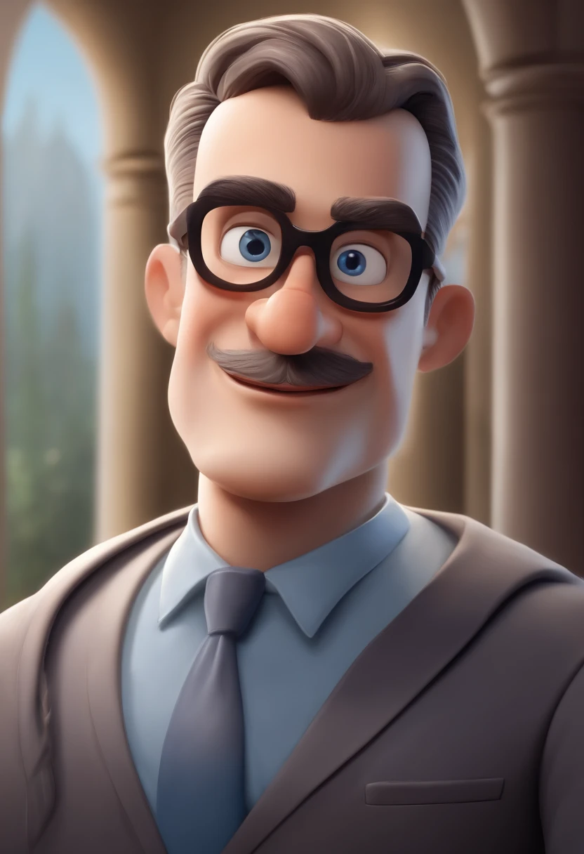 Disney Pixar style cartoon character of a light brunette bald man with black square glasses and low beard gray parts, ele usa camiseta escrito eu nasci denovo e esta falando na igreja com uma cruz de led ao fundo na parede , esse homem tem olhos levemente fechados, boca carnuda e nariz achatado, sombrancelhas bem desenhadas, ele tem 1,78 e 103 kg, the pulpit is made of blue acrylic written PIB Pariquera