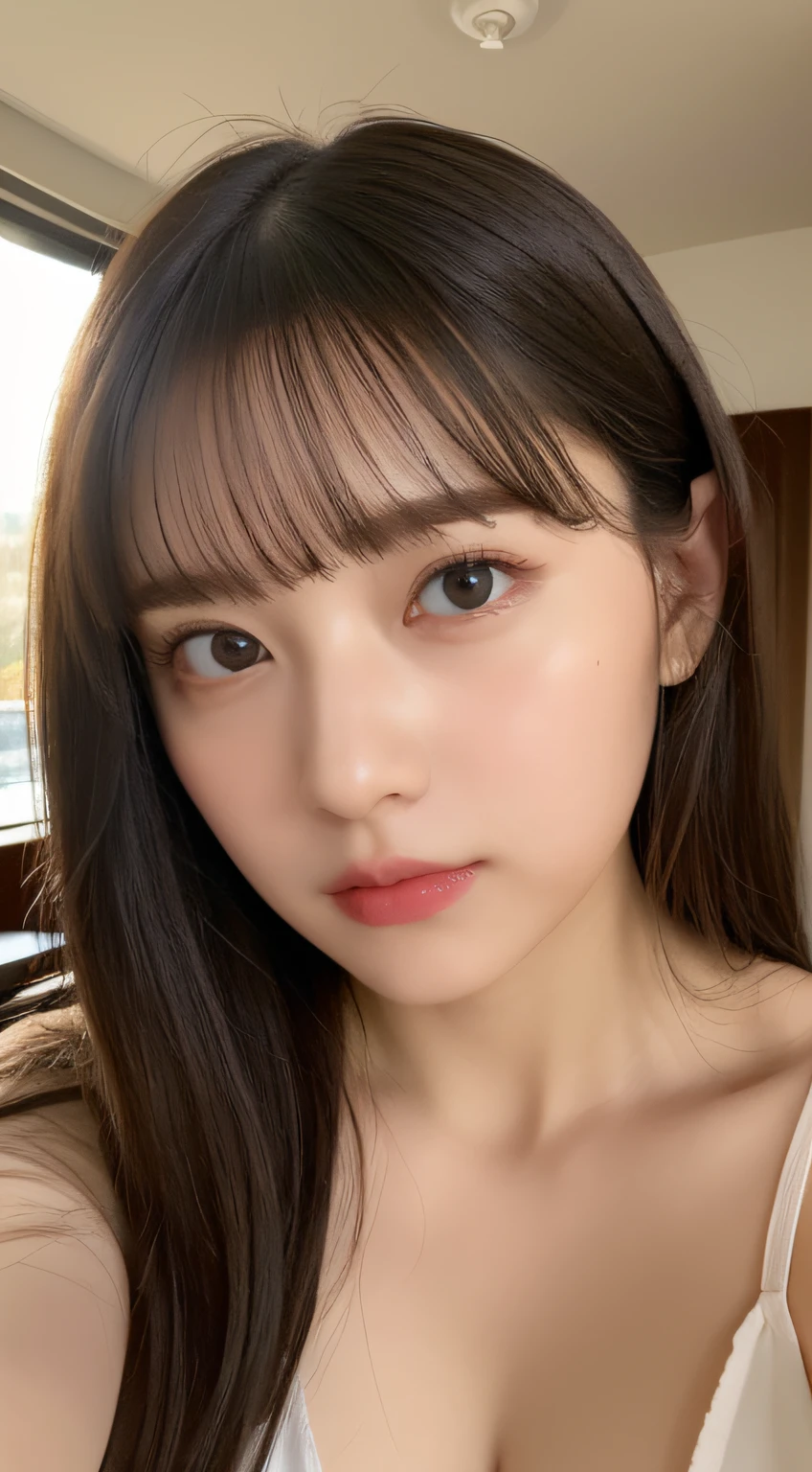 ((top-quality、8K、​masterpiece:1.5))、One girl、(Unhealthy face)、(Letter to)、Blunt bangs、(Lots of bangs:1.4)、(full body Esbian:1.4)、(Symmetrical face)、hyperdetailed face、Ultra detailed mouth、A detailed eye、Detailed ears、Slim Faces、(selfee:1.4)、(Looking Up)、(From  above)、(Straight long hair、Ahoge:1.3)、(Upper Eyes)、the background is blurred、(Loose chest:1.3)、lipgloss、(Hotel Bed)、(natural soft light:1.3)、(Looking straight ahead:1.5)、