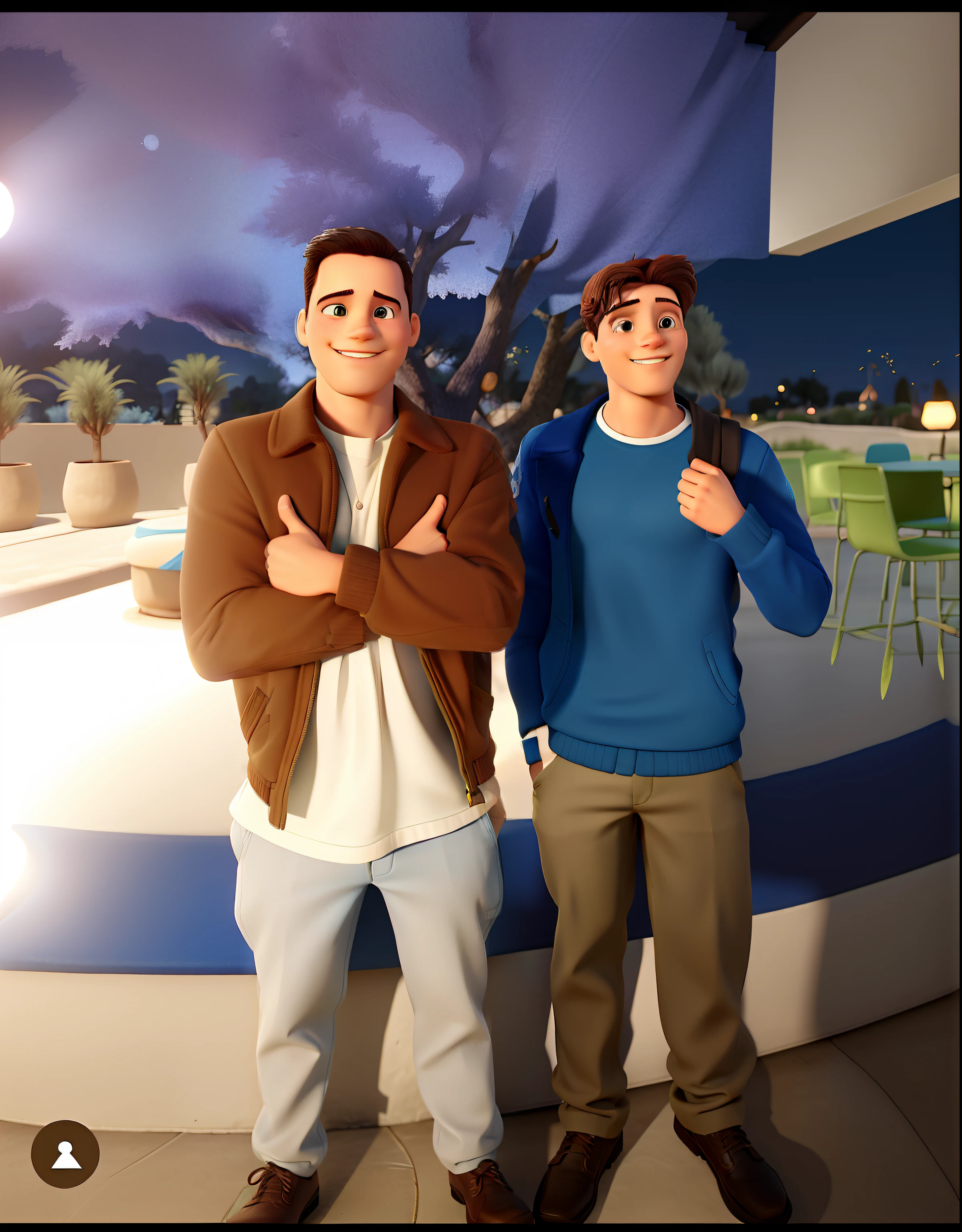 Casal feliz igual filme da Disney amor Dois Homens iguais a foto, (The one in the blue jacket has very short hair )(Another man is 10cm taller and is a bit strong ), a century-old olive tree behind.
