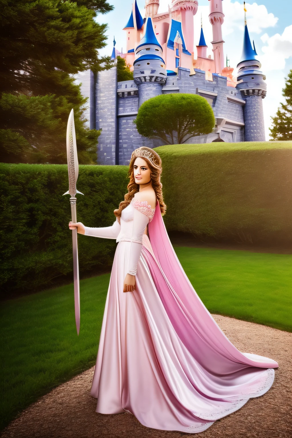 Masterpiece, Best quality, Highly detailed, A high resolution, hdr,A young and beautiful princess，Dressed in a gorgeous pink princess costume，long hair flowing；She was armed with a shining sword，Look firmly into the distance，Show confidence and determination；In the background is a magnificent castle，Under the sun，It creates a mysterious and dreamy atmosphere；Disney style，16：9 screens --auto