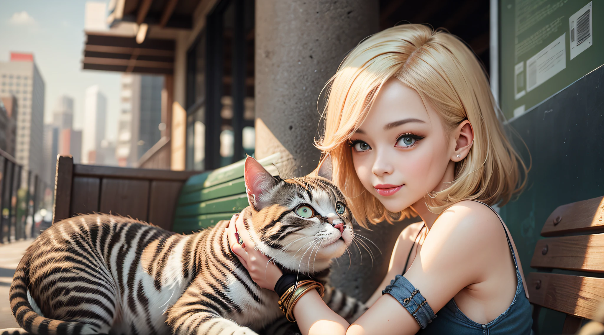 {Masterpiece, Best Quality, extremely detailed CGI, Unity 8k壁纸, Cinematic lighting}}, Under Clear Skies, on a park bench overlooking the port of Yokohama, We find our protagonist, Beautiful and charming girl. with a smiling face, She sits on a bench, cradling a kitten in his arms. She has a blonde short bob:1.5, and her eyes are a captivating shade of blue, with double eyelids and long lashes. She has long limbs, skinny waist, and wears a white tank top, that exposes her belly:1.5, paired with shabby denim shorts:1.4. Her ensemble is completed by white sneakers.
Kitten - Black Cat:1.2, With his golden eyes, She looks lovingly at the girl.