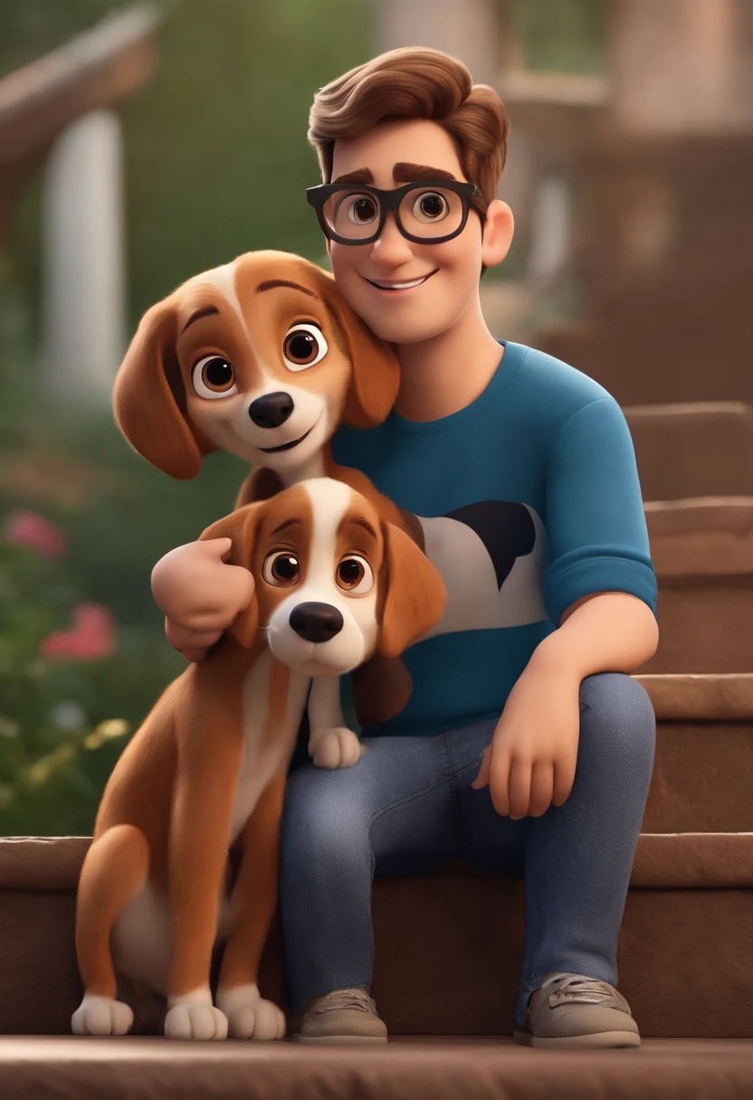 Pixar. Casal com um filhote de cachorro beagle marrom. A tem os cabelos loiros amarrados, Camiseta cinza e jeans claro, white glasses. O meninobelos pretos com cabelos grisalhos, barba pequena, oculos, Dark blue jeans and gray t-shirt. They are both smiling and are 40 years old