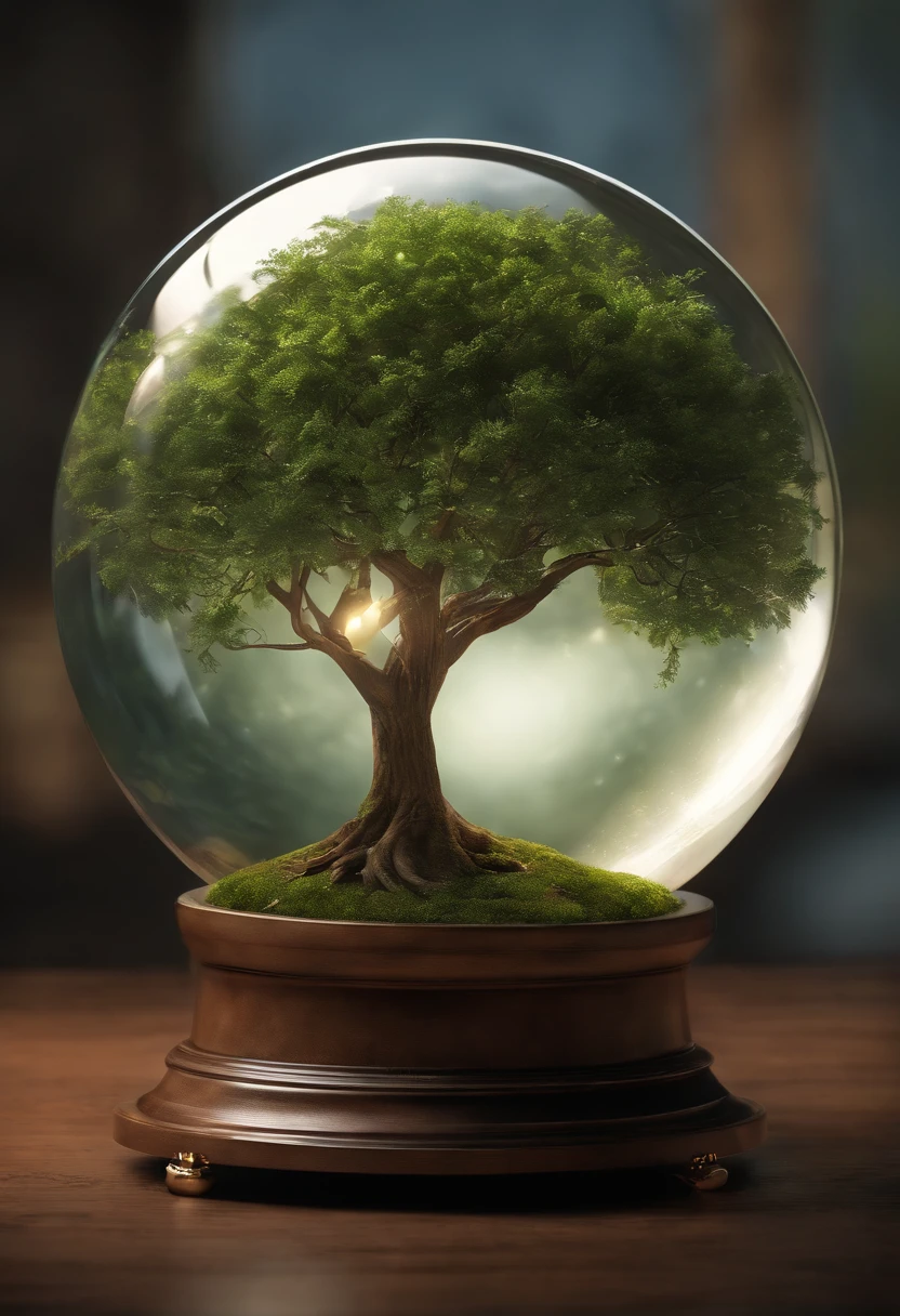 (master part),(best quality:1.0), (Ultra Highres,), circunstanciado, a glass ball with a tree inside it, arte digital, Vencedor do concurso CG Society, borboletas e raios solares, concept art design illustration, Beautiful digital illustration, ecossistema fechado