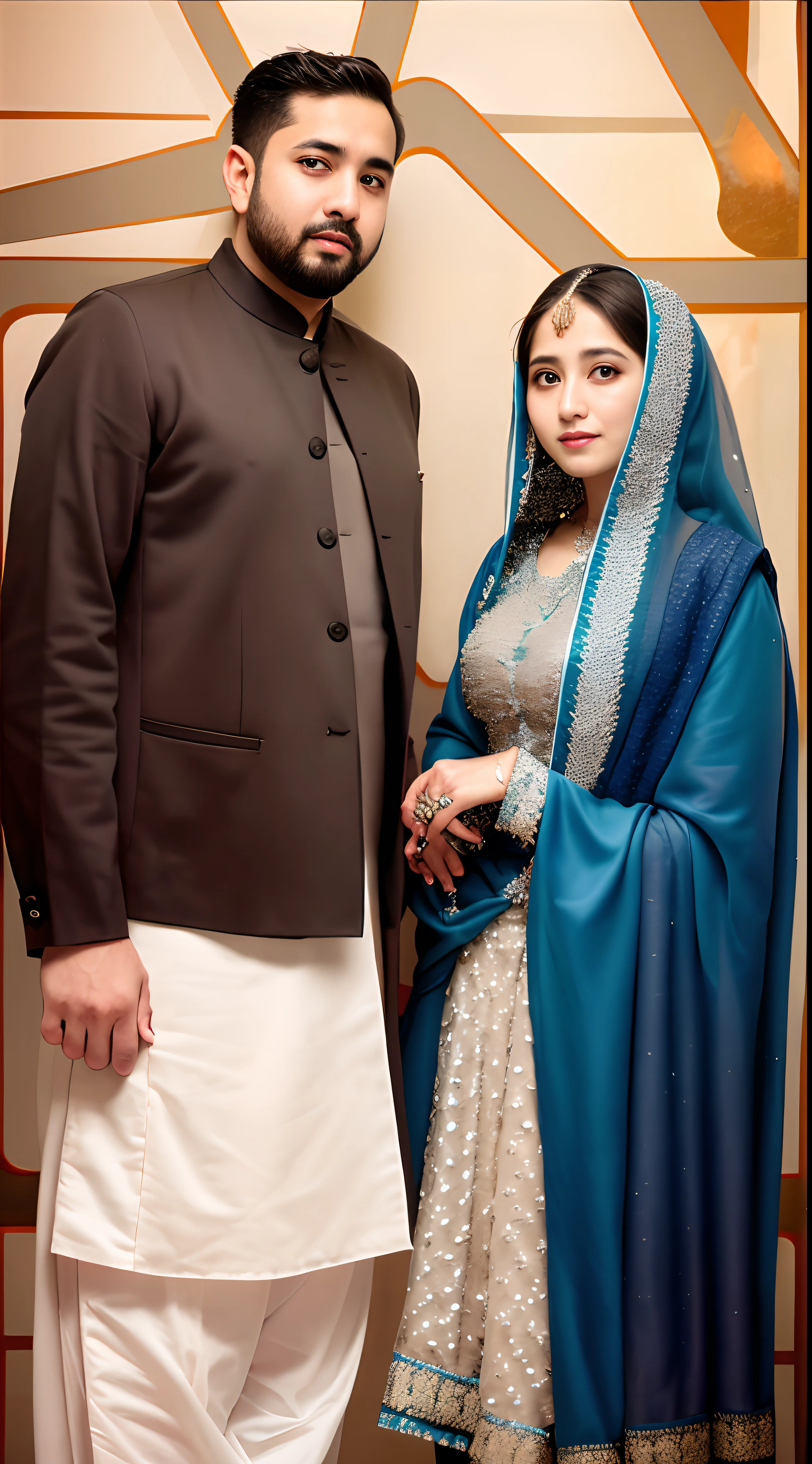 they are dressed in traditional attire and posing for a picture, wedding photo, lovely couple, wedding, by Riza Abbasi, official photos, very clear picture, khyzyl saleem, ruan ji, couple, wife, inspired by Riza Abbasi, traditional clothes, wearing traditional garb, kyza saleem, happy couple, traditional clothing