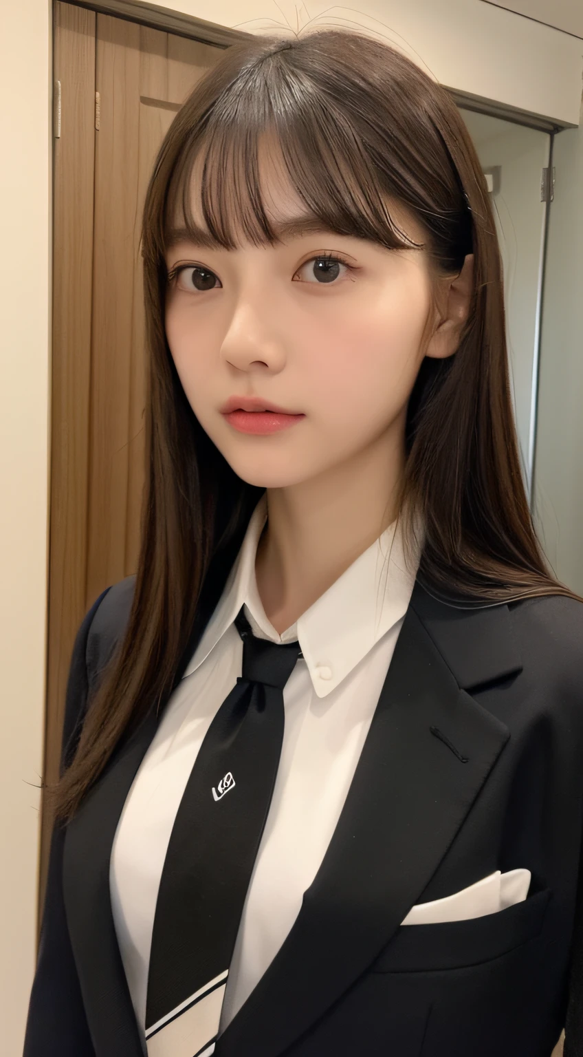 ((top-quality、8K、​masterpiece:1.5))、One girl、(Unhealthy face)、(Letter to)、Blunt bangs、(Lots of bangs:1.4)、(full body Esbian:1.4)、(Symmetrical face)、hyperdetailed face、Ultra detailed mouth、A detailed eye、Detailed ears、Slim Faces、(selfee:1.4)、(Looking Up)、(From  above)、(Straight long hair、Ahoge:1.3)、(Upper Eyes)、the background is blurred、(Black Recruit Suit、Loose chest、neck tie:1.3)、lipgloss、(Hotel Bed)、(natural soft light:1.3)、(Looking straight ahead:1.5)、