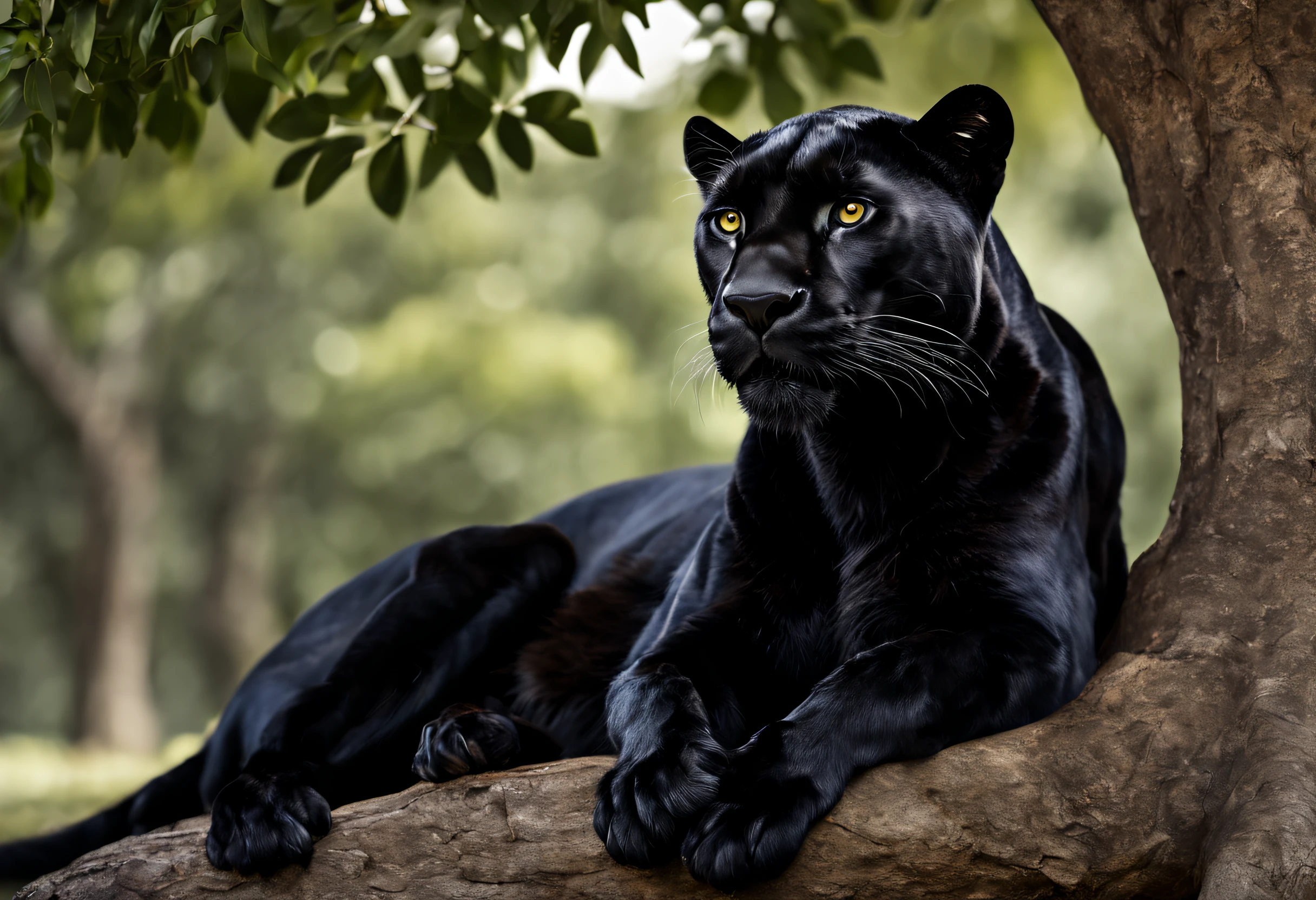(best quality, 4k, 8k, high resolution, masterpiece: 1.2), ultra-detailed, (realistic, photorealistic, photorealistic: 1.37),professional photography of a black panther resting under the shade of a tree, full body, looking at camera, blurred background, award-winning photography