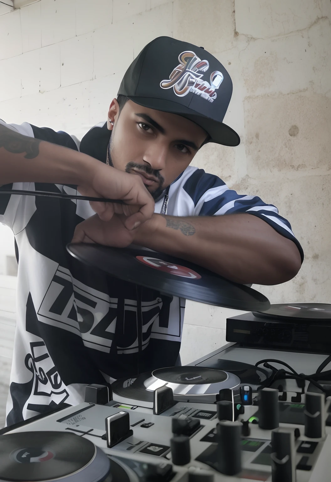 Homem de Arafed encostado em uma mesa com um equipamento de DJ, Turntablism DJ arranhando, DJ Sura, DJ, Conjunto de DJ, andres rios, Artista Raper, foto de perfil 1024px, artista desconhecido, DJING com toca-discos DJ, Estilo Zigor Samaniego, turntablist, Hip-hop, raiado, Dom Punchatz