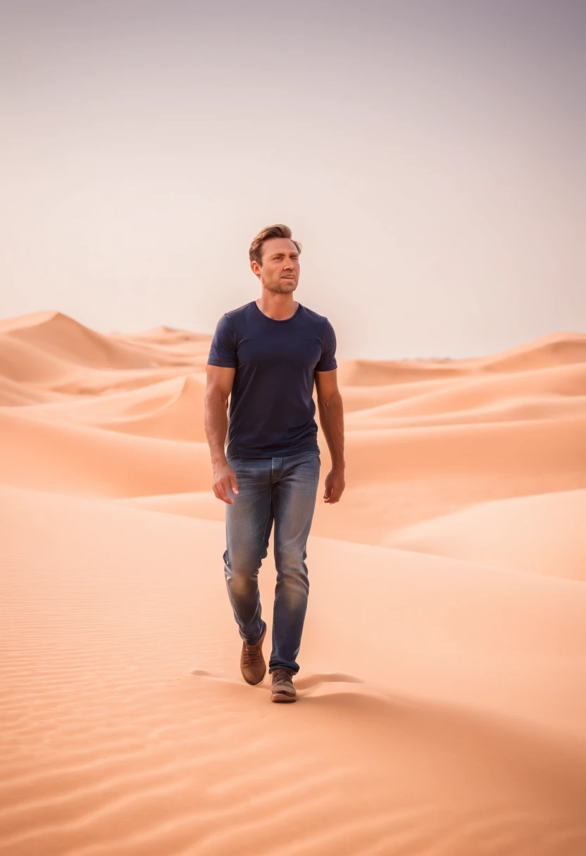 Man walking in the desert, very short hair, dubai en fond, 50m from the camera, high contrast, couleurs chaudes, ultra realist, highly detailed, complicated, mise au point nette, profondeur de champ, Prise de vue moyenne, Hdr, 8k, (hyperrealism:1.2), (photoreallistic:1.2), prise avec le Canon EOS 5D Mark IV