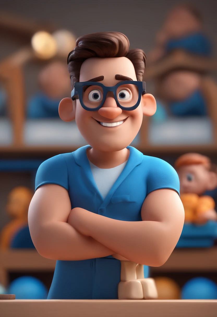 Cartoon character of a man with black glasses and a blue shirt, animation character, Caractere estilizado, animation style rendering, 3D estilizado, Arnold Maya render, 3 d render stylized, toon render keyshot, Personagem 3D, Personagem 3D, 3d rendering stylized, 3 d character render, personagem de desenho animado, Personagem de close up, Pose de personagem, (Estilo Pixar) (master part:1.2) (Bokeh) (best quality) (pele detalhada) (textura detalhada) (8k) (argila) (Cinematic lighting) (foco nítido