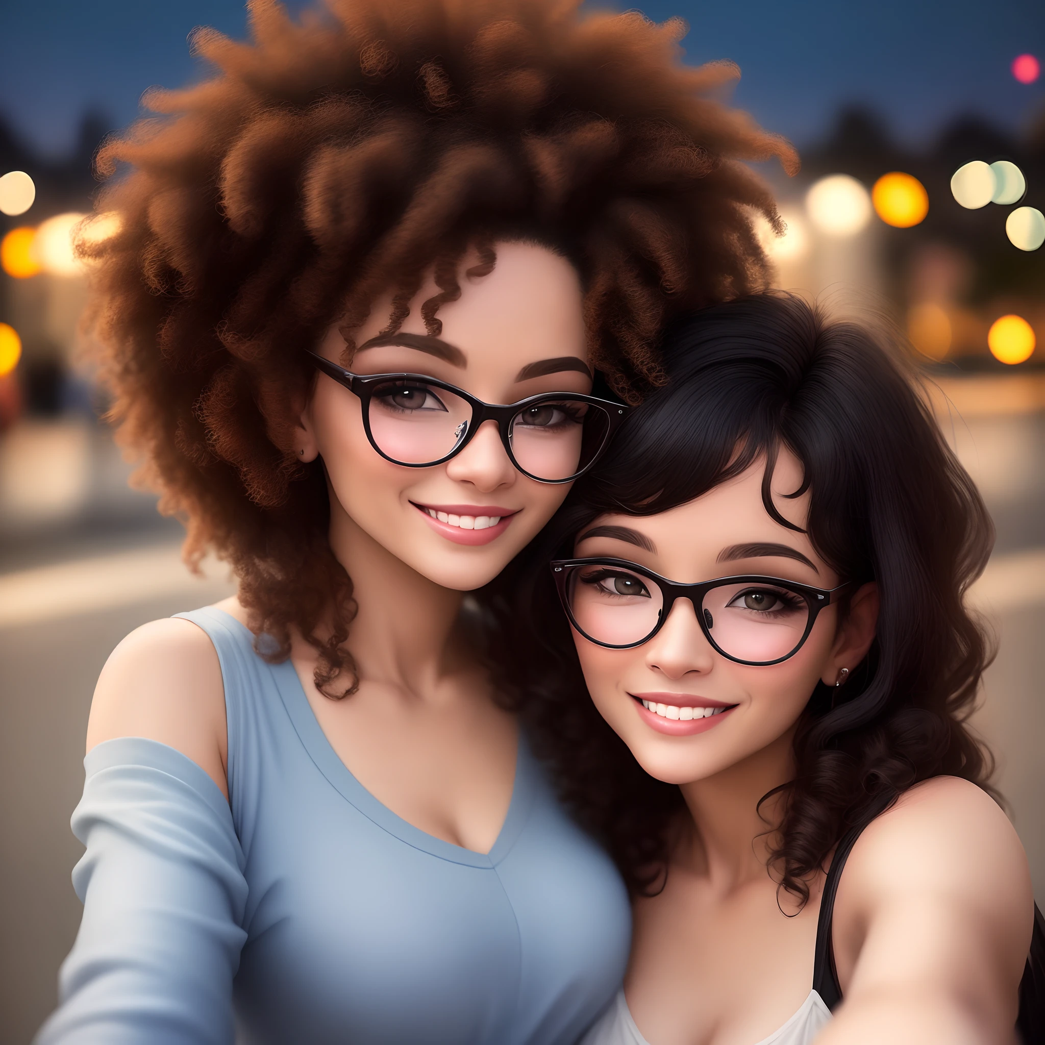 there are two women posing together for a photo, black woman with black round glasses short afro hair, white woman with black glasses medium curly black hair, photo by Nándor Katona, instagram, tachisme, night!, profile image, two women, avatar image , both smiling at the camera, in Rio de Janeiro, profile photo, 3 5 years old Brazilian mother, snapchat photo, pov photo, two beautiful women in love, selfie photo