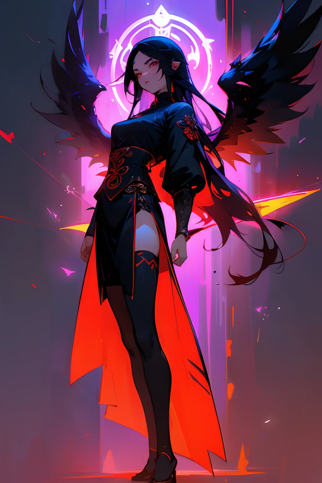 The bird，China-style，Feng Shen List，mito，Beautiful woman，Full body like，It has huge black wings on its body，Fair skin，beautidful eyes，Extra-long hair，black in color，rim-light，illustration，Wallpapers，high qulity