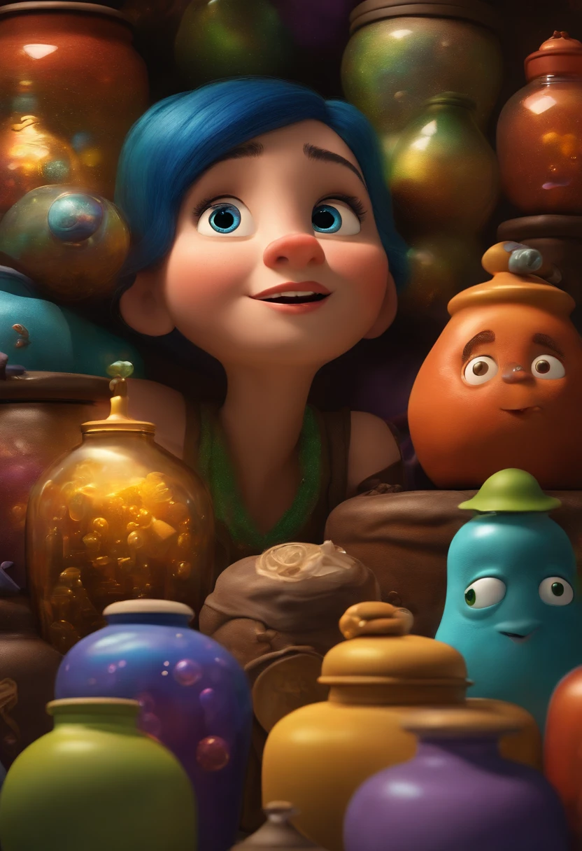 A collector of ideas inspired by Pixar animation, up close. She is surrounded by a collection of magical jars, each containing a unique idea. The focus is on the character, with a captivating facial expression, against a backdrop of sparkling, effervescent colors.
