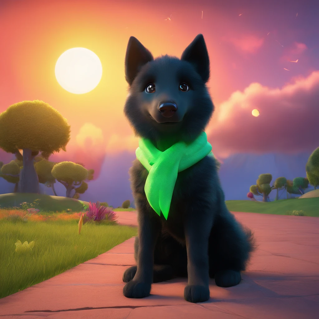 (highres, best quality:1.2),wide shot, black Belgian Groenendael shepherd puppy with a moon costume, playfully dressed, vibrant colors, detailed fur, friendly eyes, smiling face, curious expression, fluffy ears, green grass, blue sky, soft clouds, carefully rendered 3D cartoon, exaggerated features, pixar character style, vivid colors, vibrant hues, whimsical art, defined shadows, playful lighting, enchanting atmosphere