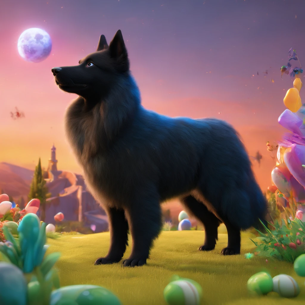 (highres, best quality:1.2),wide shot, black Belgian Groenendael shepherd puppy with a moon costume, playfully dressed, vibrant colors, detailed fur, friendly eyes, smiling face, curious expression, fluffy ears, green grass, blue sky, soft clouds, carefully rendered 3D cartoon, exaggerated features, pixar character style, vivid colors, vibrant hues, whimsical art, defined shadows, playful lighting, enchanting atmosphere