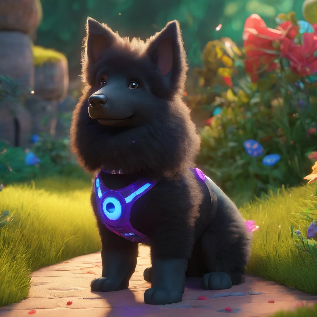 (highres, best quality:1.2),wide shot, black Belgian Groenendael shepherd puppy with a moon costume, playfully dressed, vibrant colors, detailed fur, friendly eyes, smiling face, curious expression, fluffy ears, green grass, blue sky, soft clouds, carefully rendered 3D cartoon, exaggerated features, pixar character style, vivid colors, vibrant hues, whimsical art, defined shadows, playful lighting, enchanting atmosphere