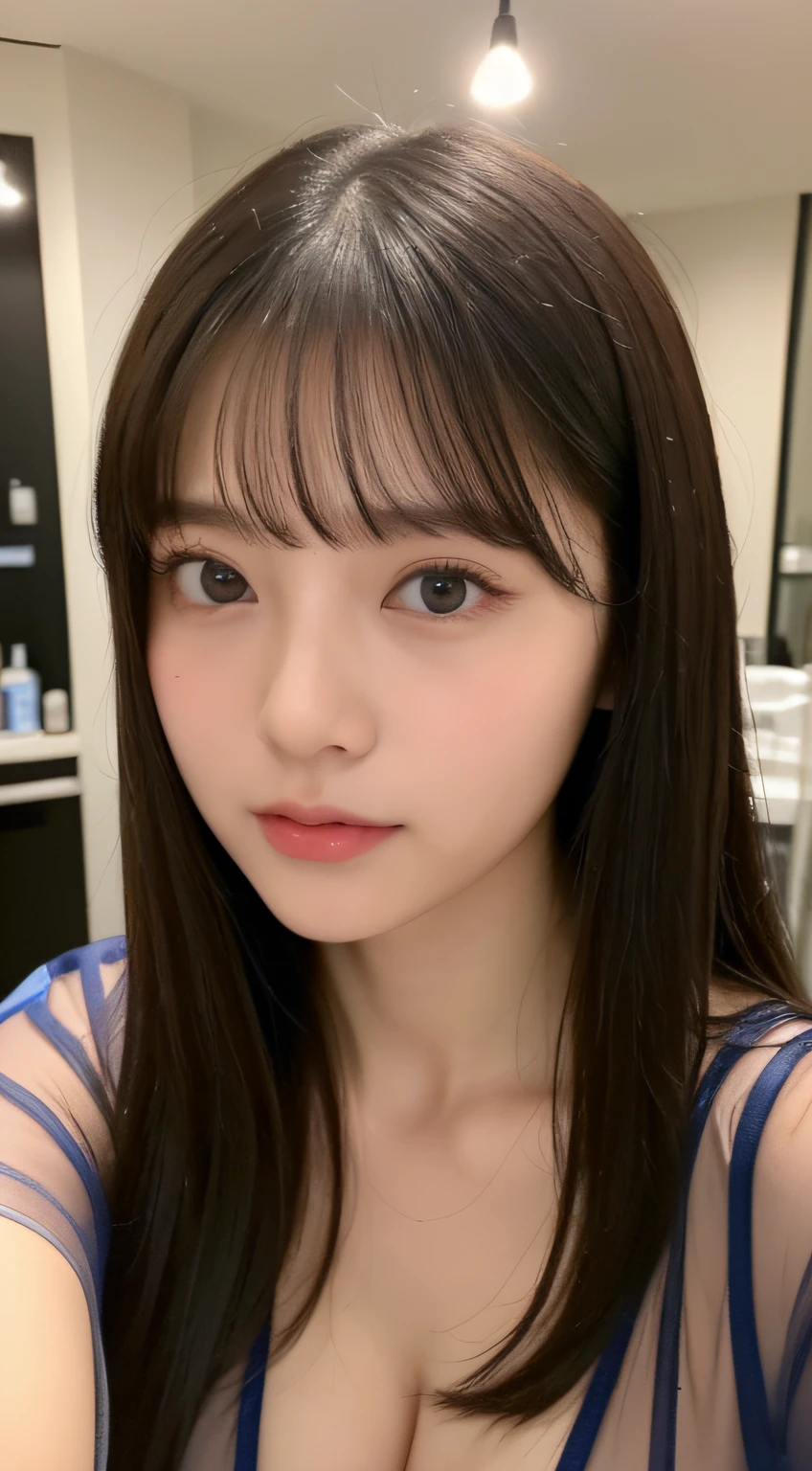 ((top-quality、8K、​masterpiece:1.5))、One girl、(Unhealthy face)、(Letter to)、Blunt bangs、(Lots of bangs:1.3)、(full body Esbian:1.4)、(Symmetrical face)、hyperdetailed face、Ultra detailed mouth、A detailed eye、Detailed ears、Slim Faces、(selfee:1.3)、(off shoulders)、(Armpit)、(Looking Up)、(From  above)、(Straight long hair、Ahoge:1.3)、(Upper Eyes)、the background is blurred、(Sheer shirt:1.3)、(I can see the cleavage:1.1)、lipgloss、(Beauty Salon)、(turning off lights)、