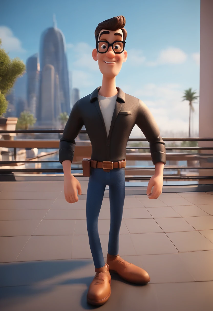 Cartoon character of a man wearing black glasses and a blue shirt, um personagem animado, Caractere estilizado, animation style rendering, 3D estilizado, Arnold Maya render, 3 d render stylized, toon render keyshot, Personagem 3D, Personagem 3D, 3d rendering stylized, 3 d character render, personagem de desenho animado, Personagem de close up, Pose de personagem, (Estilo Pixar) (master part:1.2) (Bokeh) (best quality) (pele detalhada) (textura detalhada) (8k) (argila) (Cinematic lighting) (foco nítido，Senta e vaza a parte superior do corpo