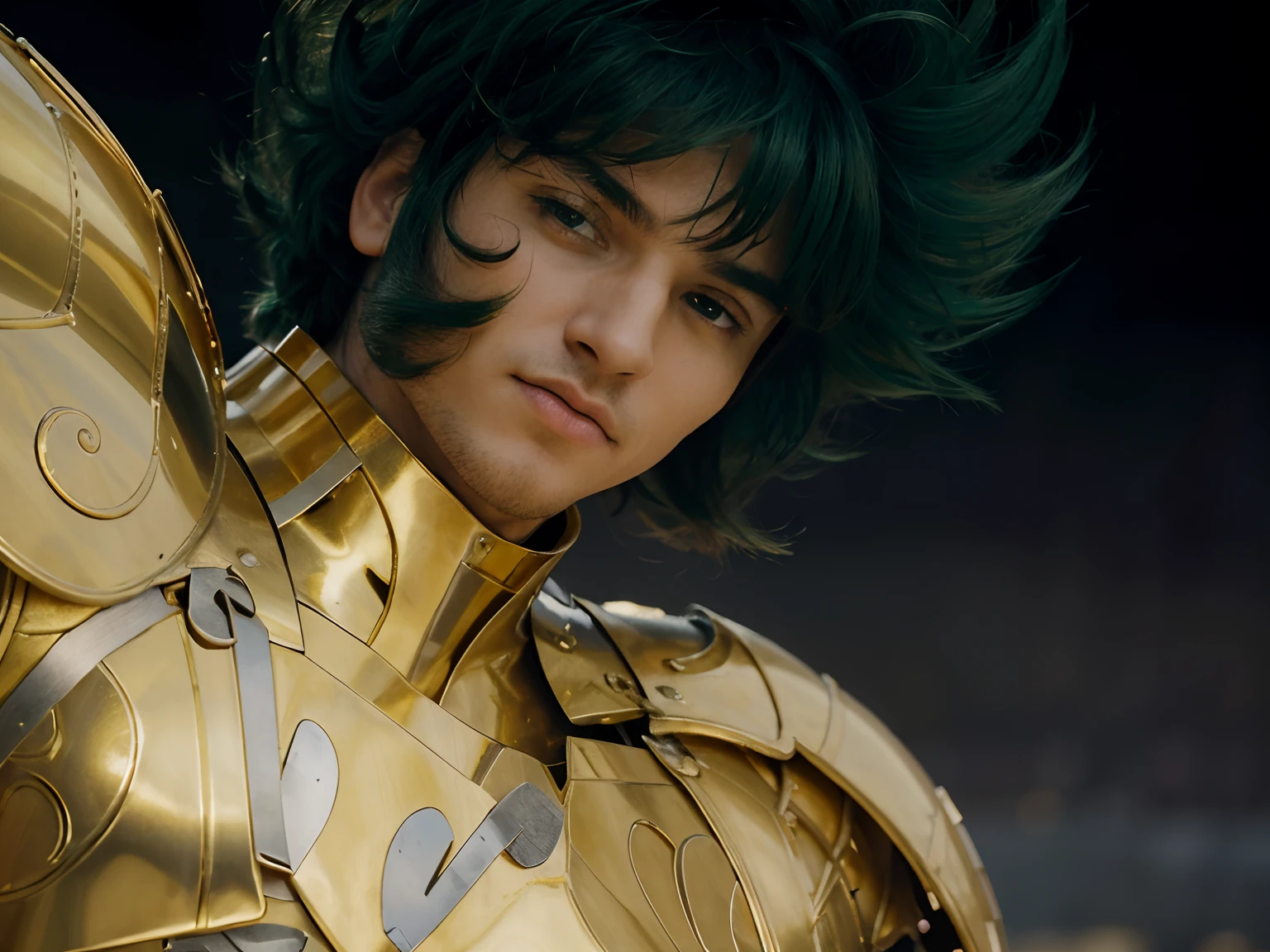 (masterpiece), (realistic) low angle, close up portrait of an man, (male), 30 years old, spanish, (1boy), solo, serious, looking at viewer, wearing an medieval armor, (full body armor), (golden armor), chrome gold, (detailed armor), (ornate armor), dark green hair, (hair blowing in wind), (hair chops), upper body, night and stars background, sharp focus, cinematic lighting,