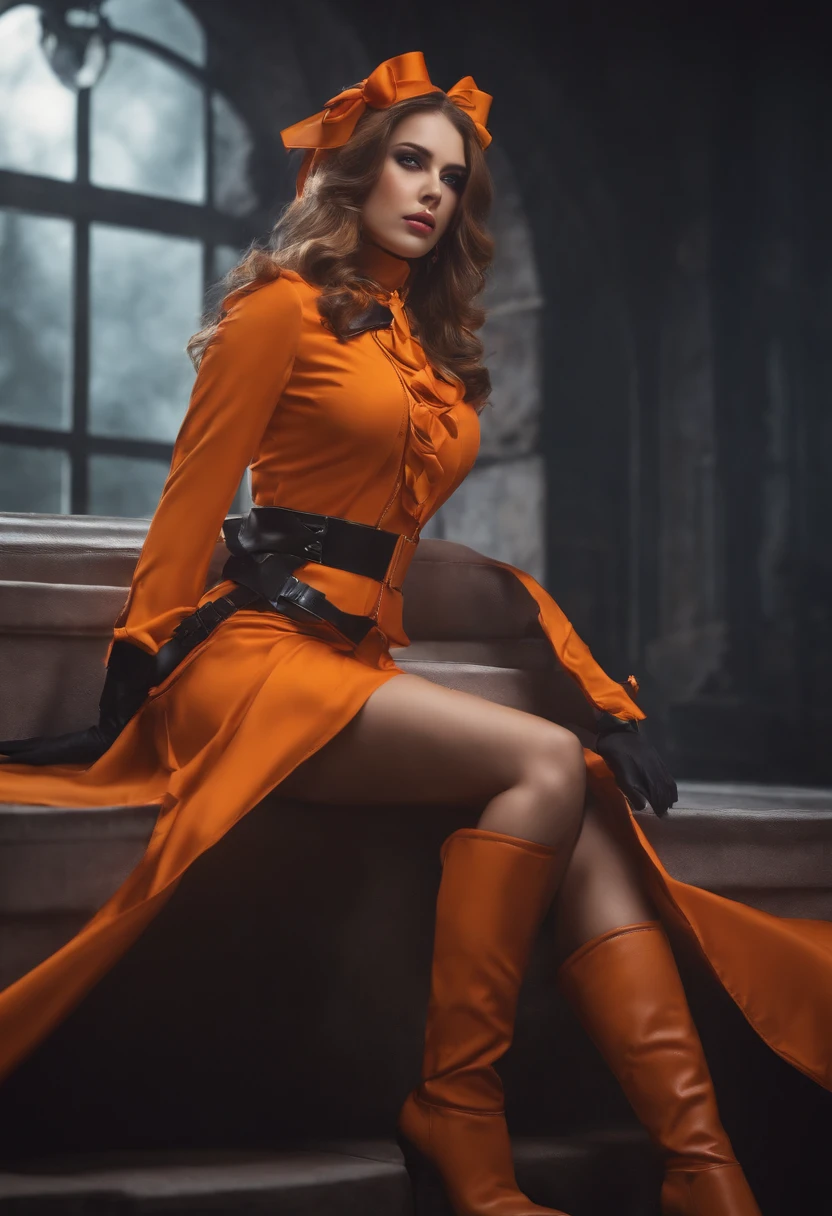 ((master part, best quality)),1 girl, sozinha, heroine, com capa laranja, uniforme manga longa roxo, botas laranja, bow on the head, cor laranja.
