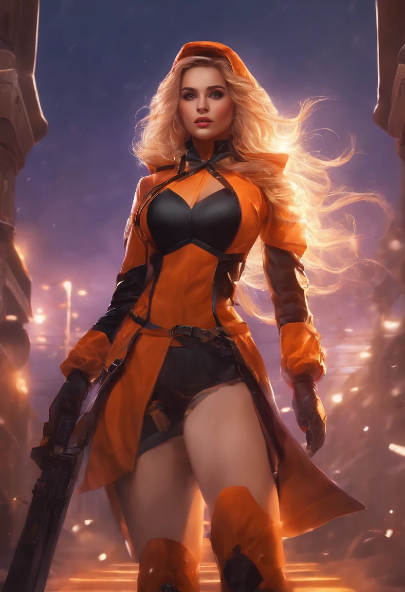 ((master part, best quality)),1 girl, sozinha, heroine, com capa laranja, uniforme manga longa roxo, botas laranja, bow on the head, cor laranja.