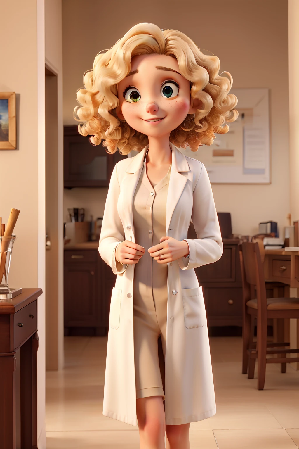 (best quality,masterpiece:1.2),blonde Nurse,curly hair,long white lab coat,slim,brown eyes