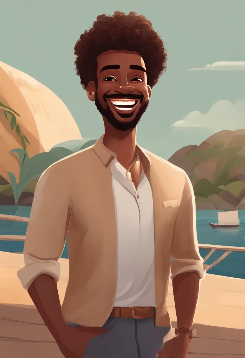 Illustration of brown-skinned man with a giant smile, happily smiling at the camera, sorriso atrevido, he's smiling, sorriso muito grande, Macho sorridente, cabelo curto, corte de cabelo baixo, desenhando no estilo de Arte 3D, Estilo Disney, 8k