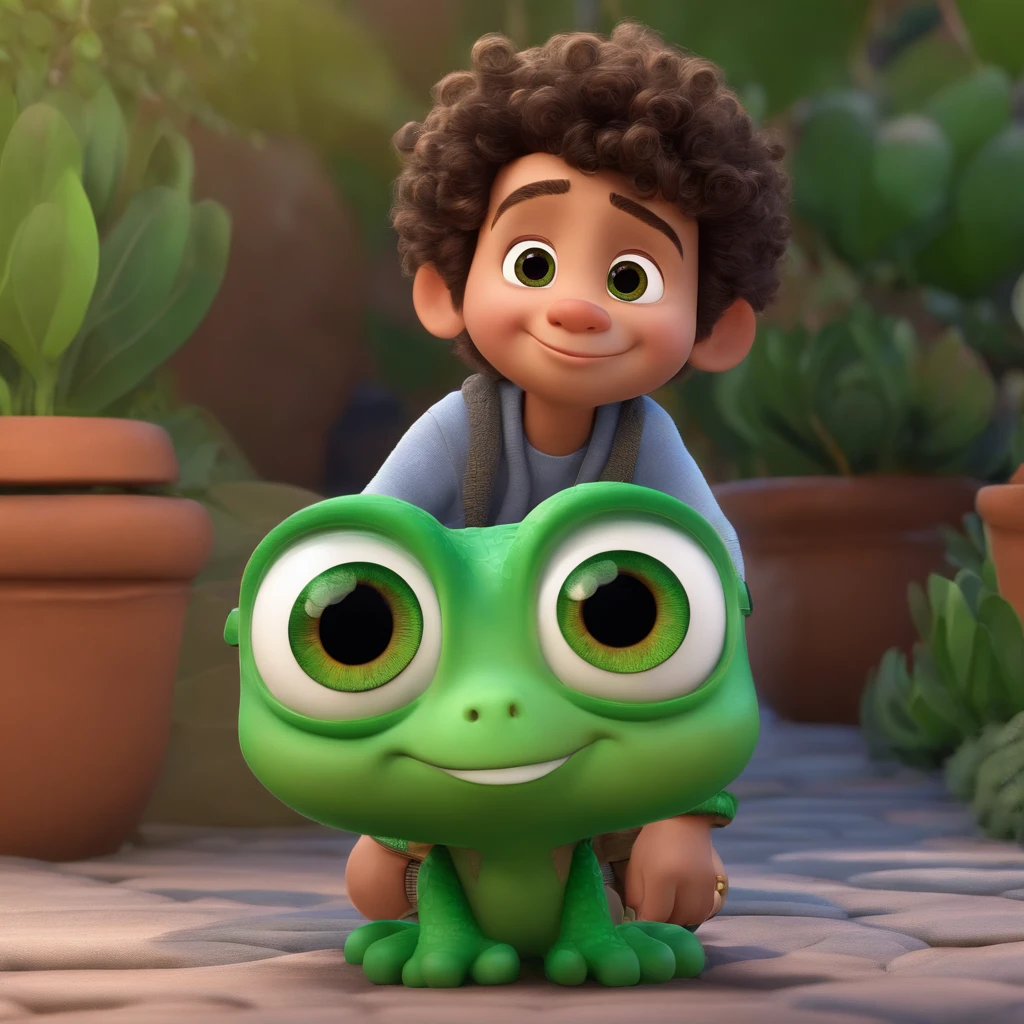 fundo branco, pixar desenhos animados 3D, menino de cabelo cacheado preto e olhos verdes, With a pixel in his hand , ::estilo pixar cartoon
