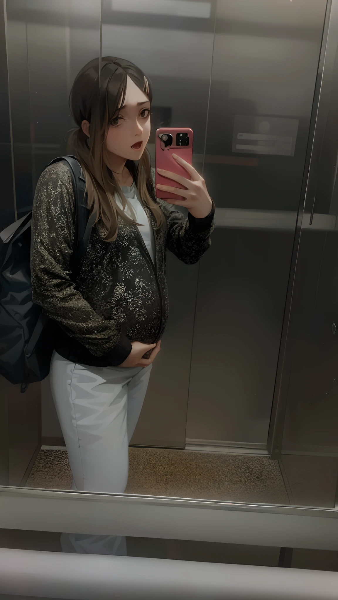there is a woman taking a picture of herself in the mirror, em um elevador, foto da roupa, pregnant belly, usando uma jaqueta extravagante, vestido casualmente, em frente a um espelho, in a subway, terceiro trimestre, vestindo uma jaqueta bomber, selfie espelho, traje: soprar, em roupas! intrincado, usando jaqueta e saia, corpo inteiro no quadro