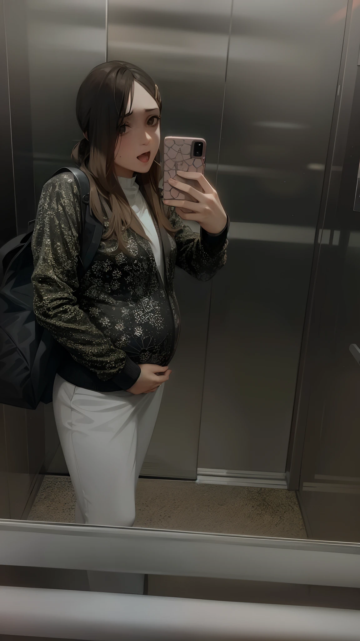there is a woman taking a picture of herself in the mirror, em um elevador, foto da roupa, pregnant belly, usando uma jaqueta extravagante, vestido casualmente, em frente a um espelho, in a subway, terceiro trimestre, vestindo uma jaqueta bomber, selfie espelho, traje: soprar, em roupas! intrincado, usando jaqueta e saia, corpo inteiro no quadro