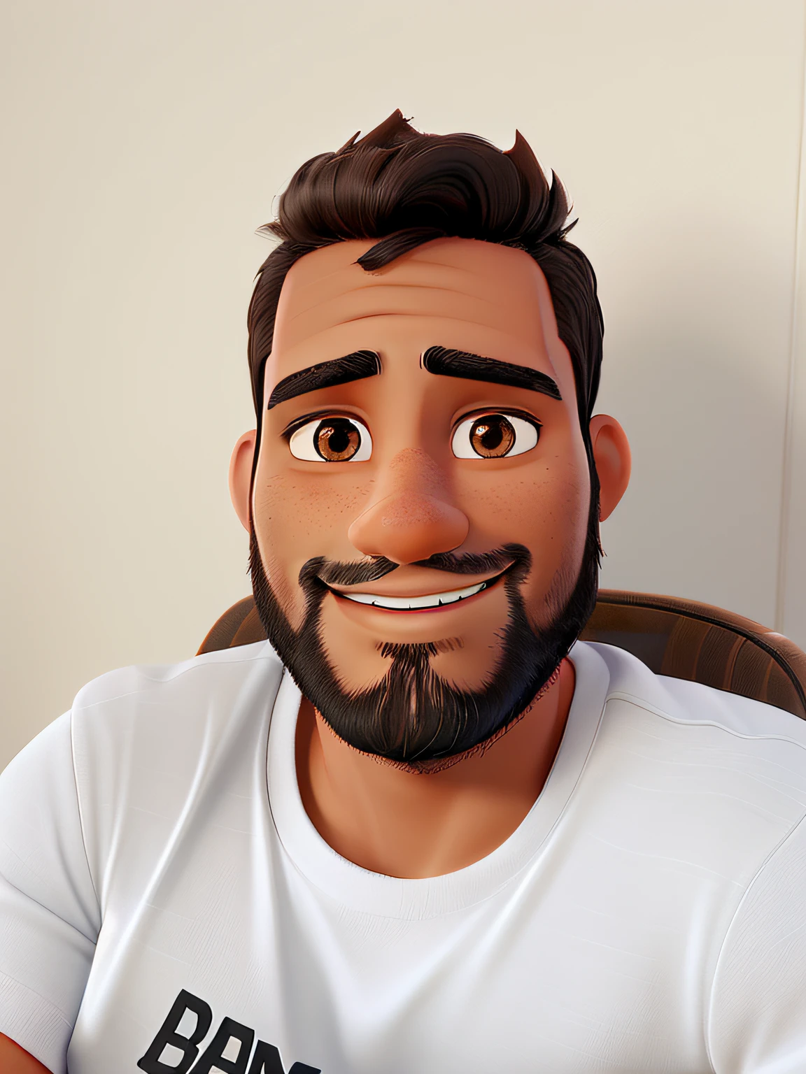 A man in his early 30s, with a dark beard, brown skin and black hair. Smiling and looking straight at the camera. Diney pixar Style, ultrarealistic pixar style