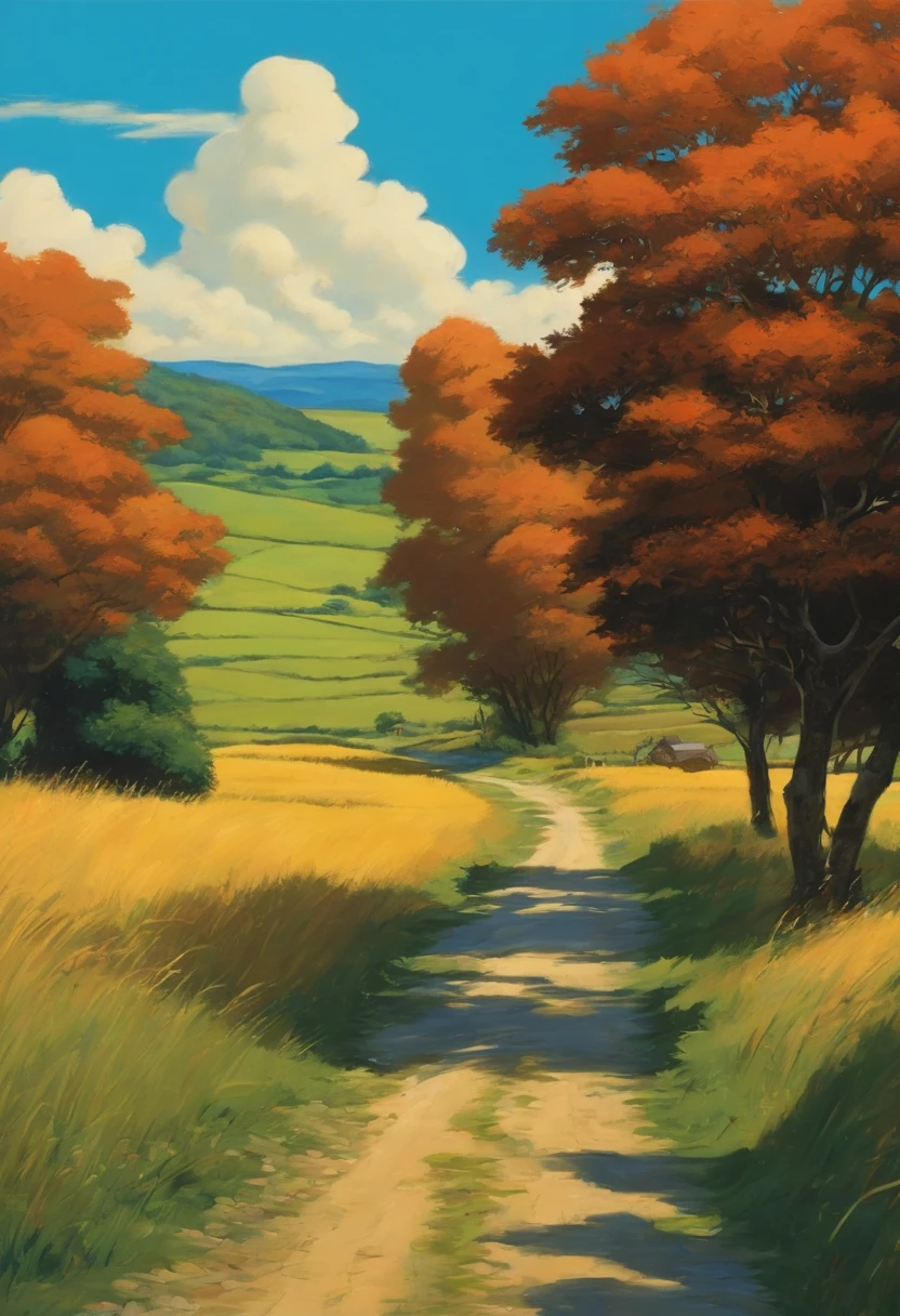 realística, real, bela e deslumbrante paisagem pintura a óleo Studio Ghibli Hayao Miyazaki Pétalas Grassland Blue Sky Grassland Country Road,Prédio, --V6