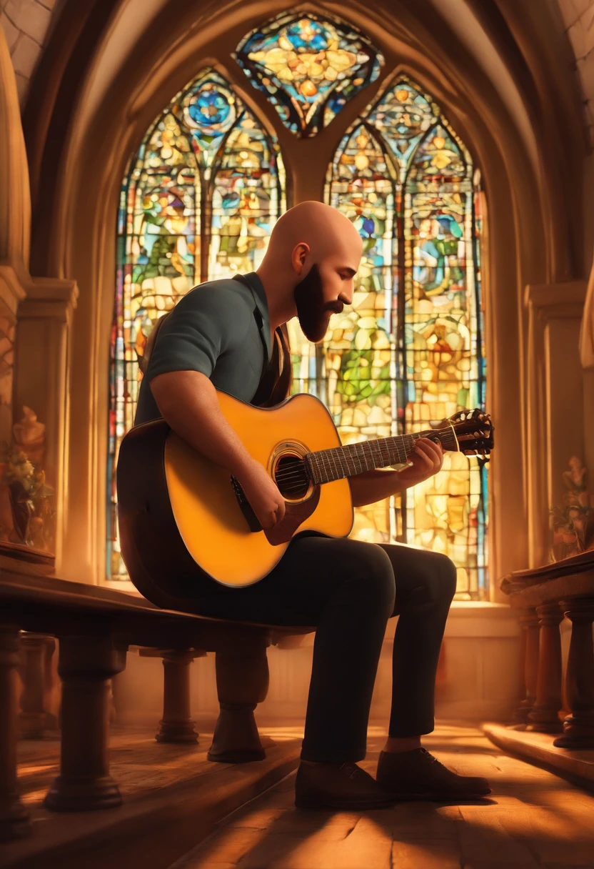 create a character inspired by the pixar universe, put all the art in vibrant colors and all the characteristics of this animation, a 30 year old man, medium body, bald head, medium light brown beard, honey green eyes, playing a black guitar in front to a church
