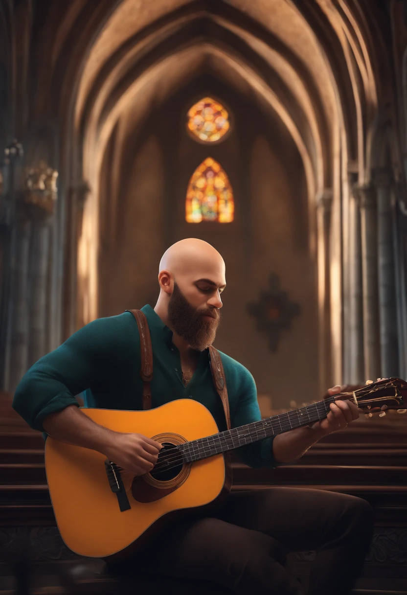 create a character inspired by the pixar universe, put all the art in vibrant colors and all the characteristics of this animation, a 30 year old man, medium body, bald head, medium light brown beard, honey green eyes, playing a black guitar in front to a church