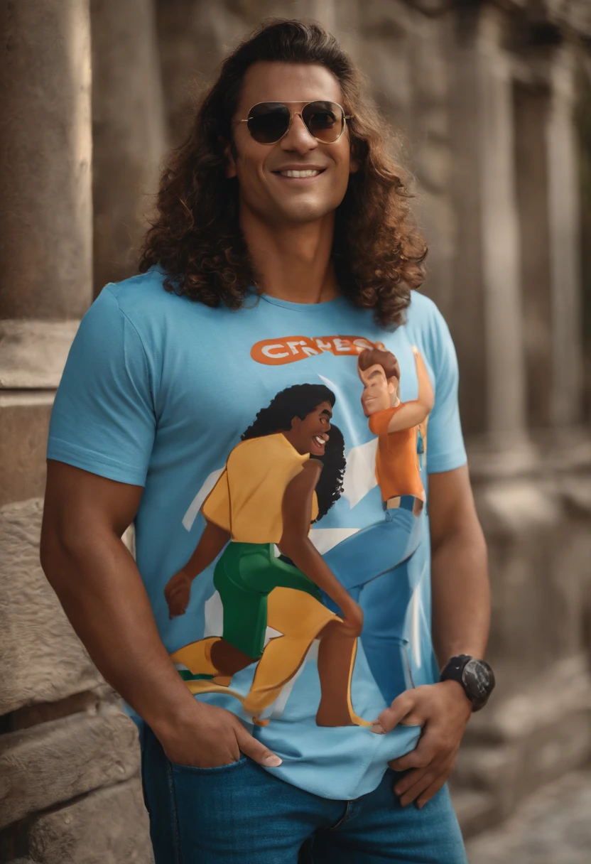 crie um banner no estilo Pixar. A man with Brazilian features , moreno pardo com cabelos curtos, Castanhos escuros, crespo e levemente acinzentado, mas jovem, usando uma camiseta laranja de gola azul, Vestindo jeans.