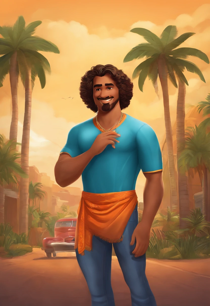 crie um banner no estilo Pixar. A man with Brazilian features , moreno pardo com cabelos curtos, Castanhos escuros, crespo e levemente acinzentado, mas jovem, usando uma camiseta laranja de gola azul, Vestindo jeans.