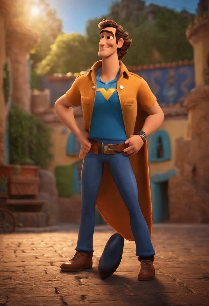 crie um banner no estilo Pixar. A man with Brazilian features , moreno pardo com cabelos curtos, Castanhos escuros, crespo e levemente acinzentado, mas jovem, usando uma camiseta laranja de gola azul, Vestindo jeans.