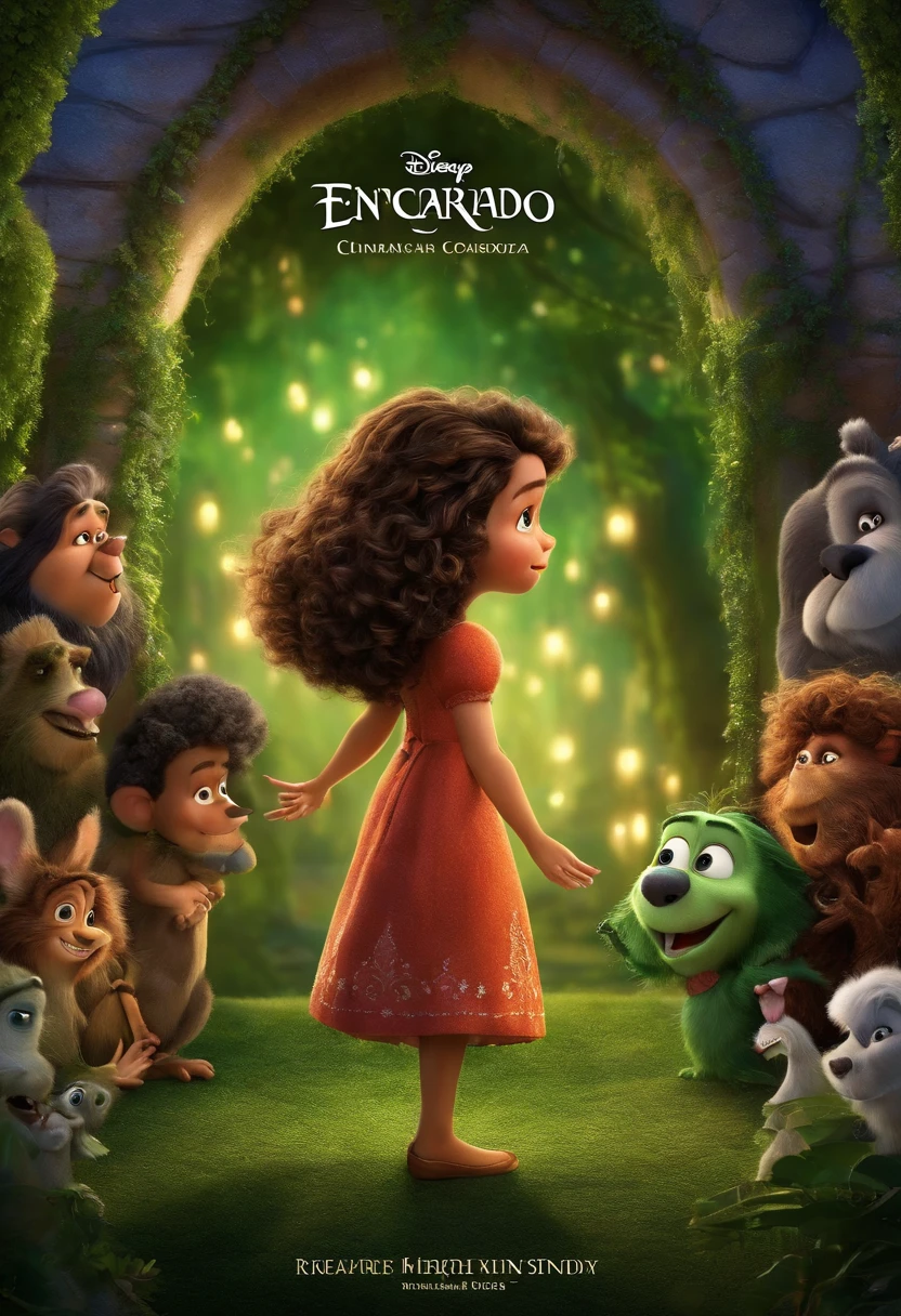 Movie cover with the title "Encaracolado" e com uma menina branca de olhos verdes e cabelo cacheado castanho sorrindo no estilo Disney Pixar