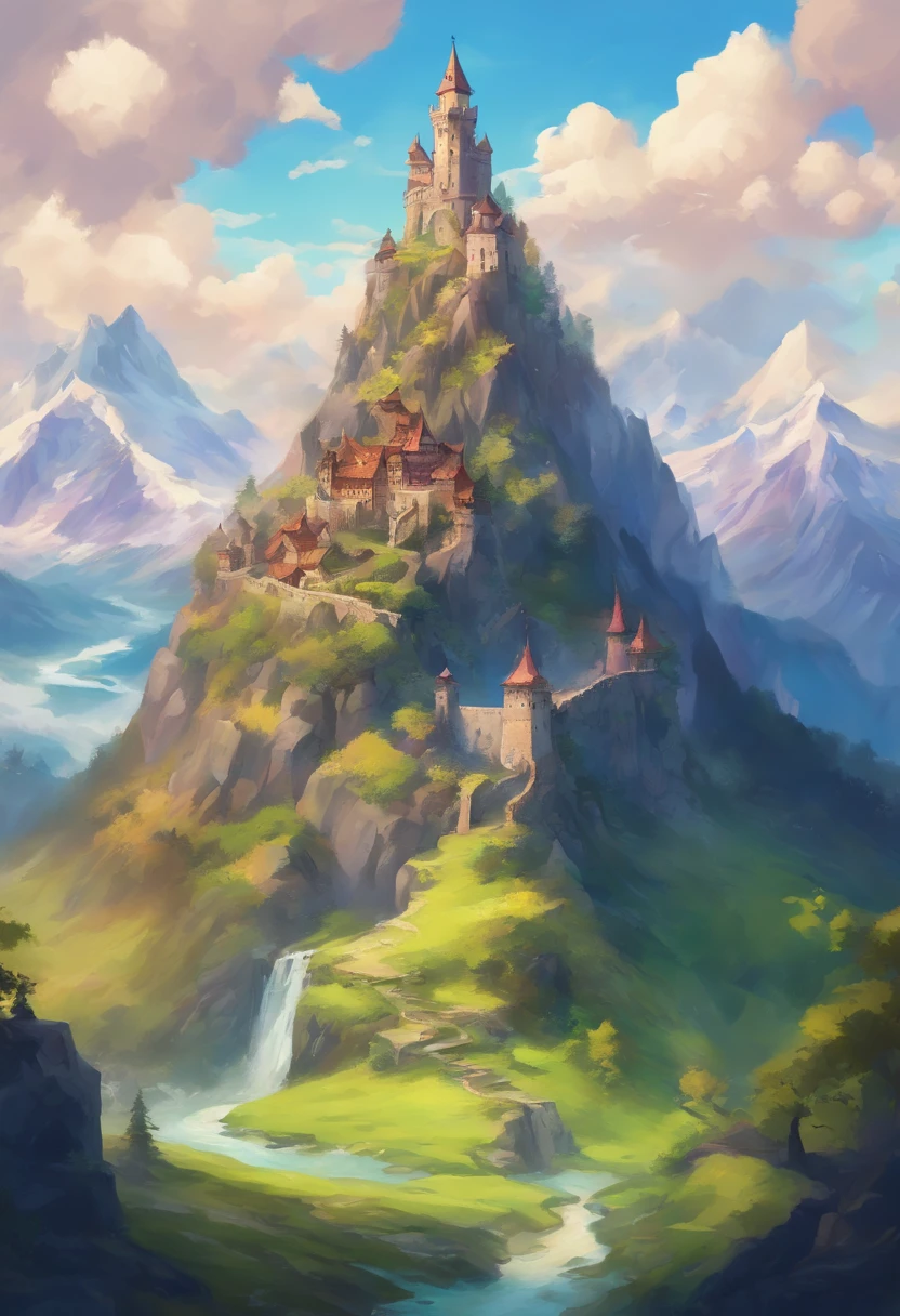 High snow-capped mountain, Peak in the clouds, Castle in height, waterfalls