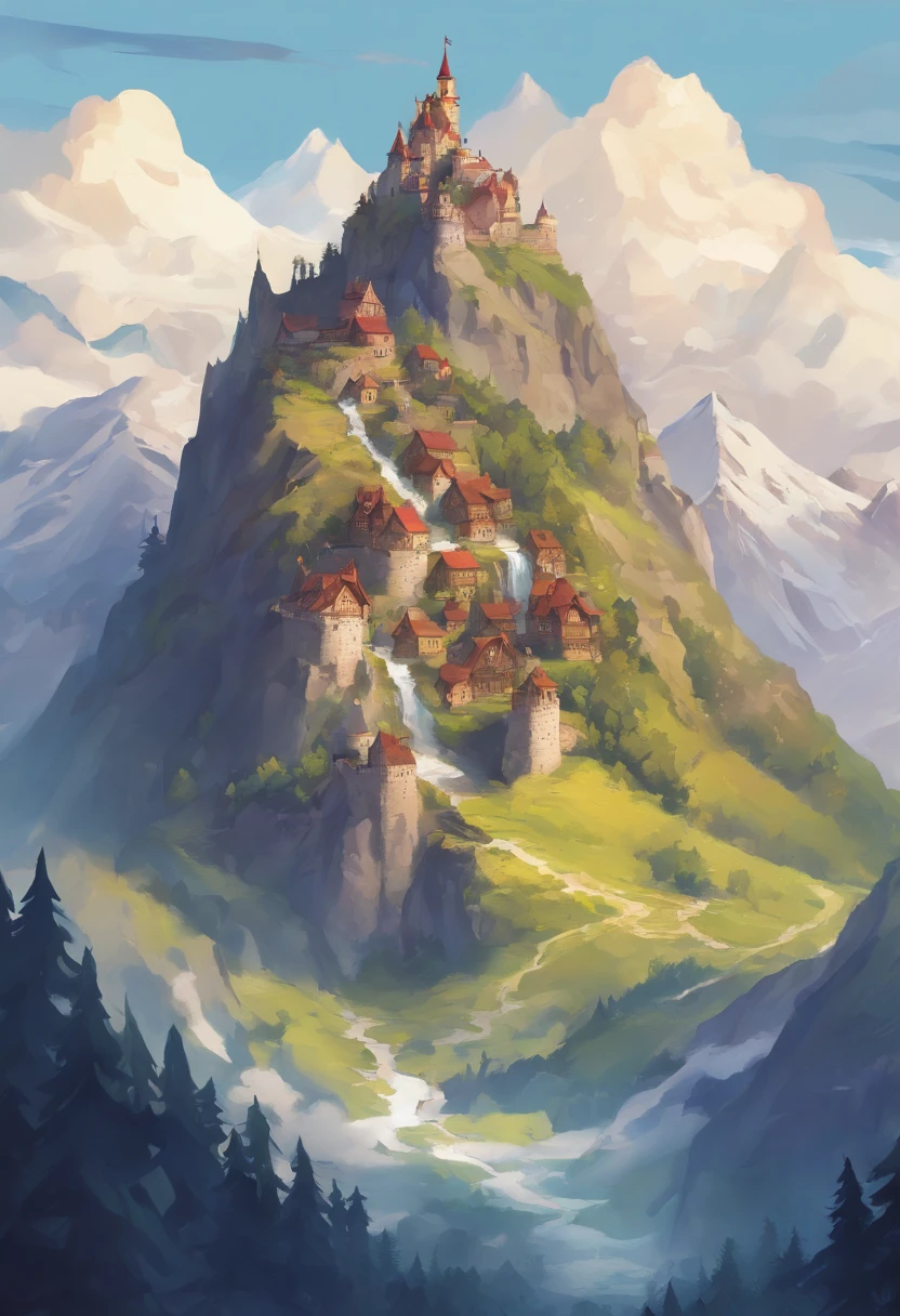 High snow-capped mountain, Peak in the clouds, Castle in height, waterfalls