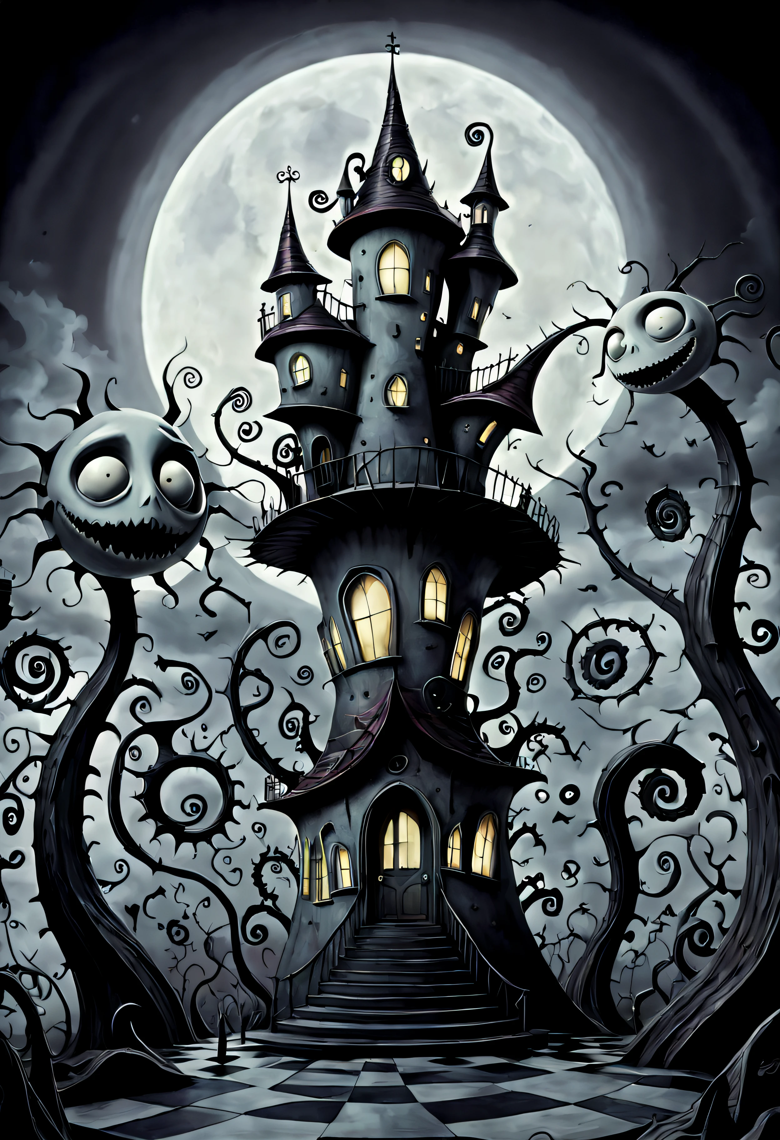 In the surreal geometry of Tim Burton's universe, a house takes form. Its architecture defies gravity, with doors and windows shaped like impossible polygons. Around the house, peculiar creatures with exaggerated features and intricate geometry-patterned costumes gather. The scene exudes an aura of charming eccentricity, a perfect fusion of Burton's signature style and the mesmerizing allure of geometric shapes.,(hand drawn with pencil:1.15), (tim burton style:1.27), ,