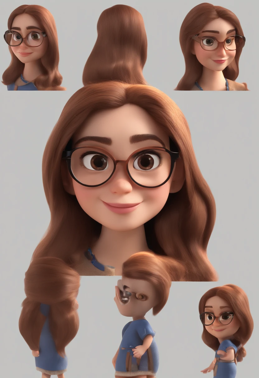 A girl with glasses and brown eyes and straight brown hair, animation character, Caractere estilizado, animation style rendering, 3D estilizado, Arnold Maya render, 3 d render stylized, toon render keyshot, Personagem 3D, Personagem 3D, 3d rendering stylized, 3 d character render, personagem de desenho animado, Personagem de close up, Pose de personagem, (Estilo Pixar) (master part:1.2) (Bokeh) (best quality) (pele detalhada) (textura detalhada) (8k) (argila) (Cinematic lighting) (foco nítido