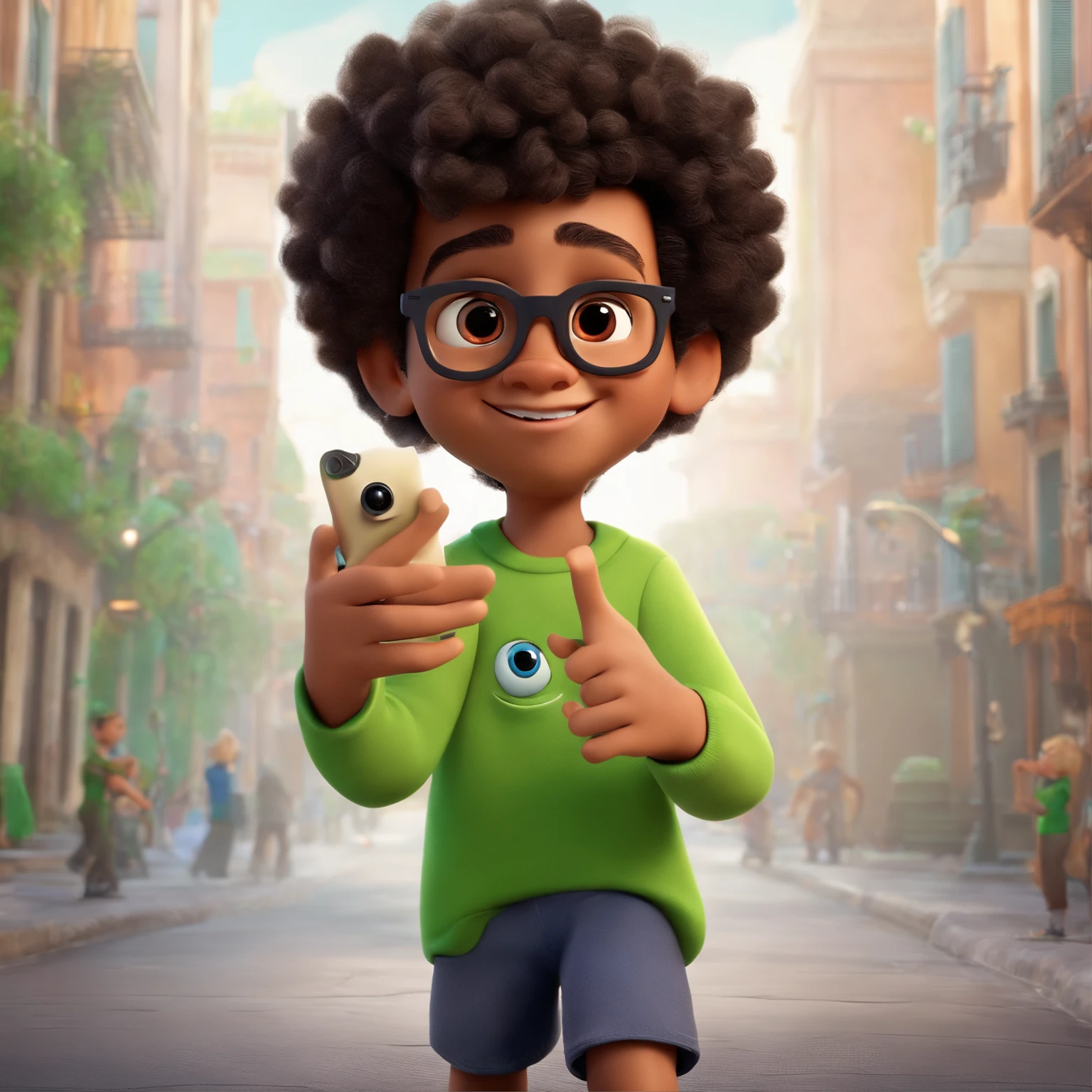 fundo branco, pixar desenhos animados 3D, menino de cabelo cacheado preto e olhos verdes, With a pixel in his hand , ::estilo pixar cartoon