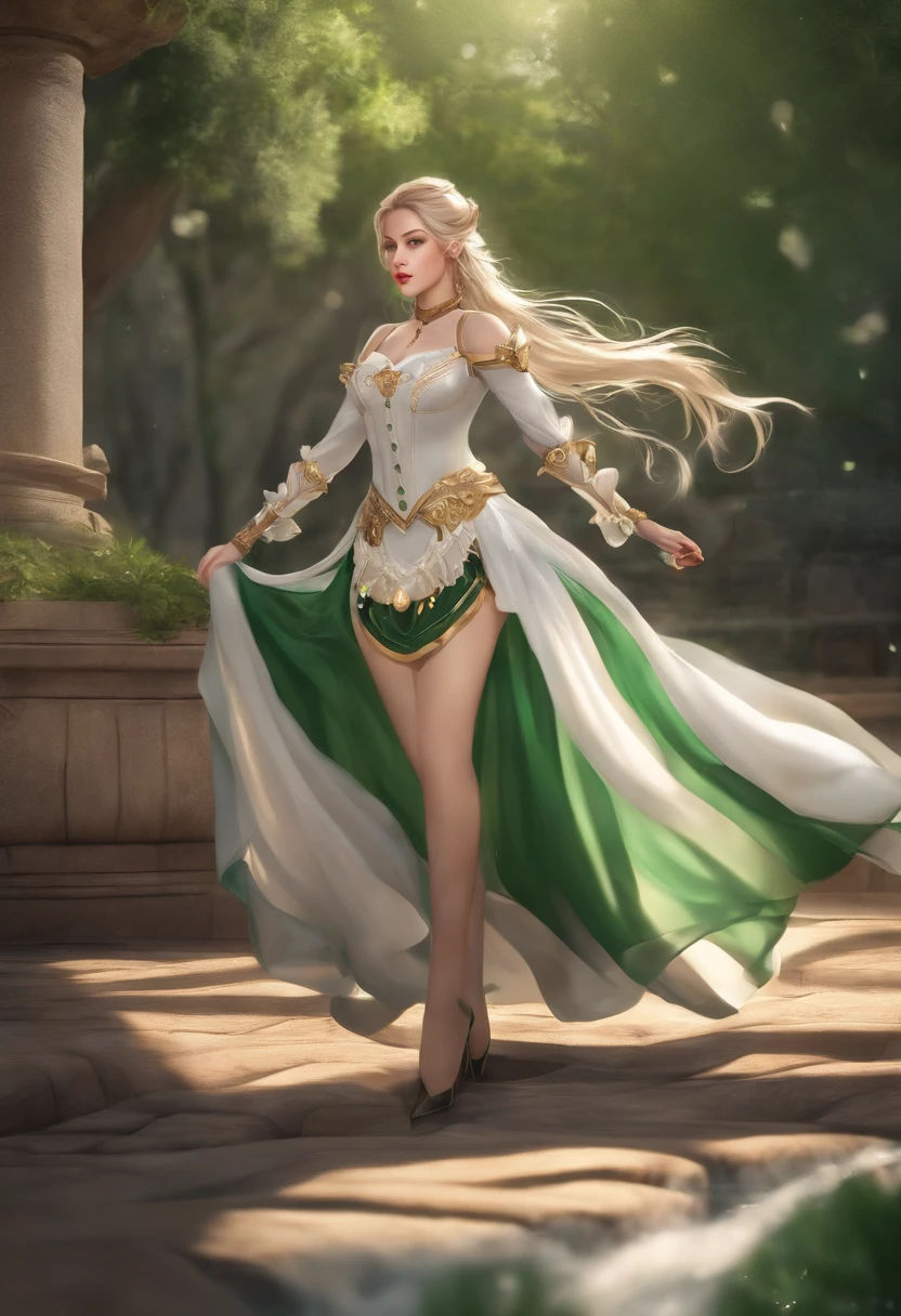 master part, best quality, illustration, Pose de luta, 1girl, noelle genshin impacto, cabelos prateados curtos, olhos verdes, saia de empregada com partes laterais vermelhas, Cavaleiro Maid, armadura do cavaleiro da empregada, Ponte do Castelo, water,