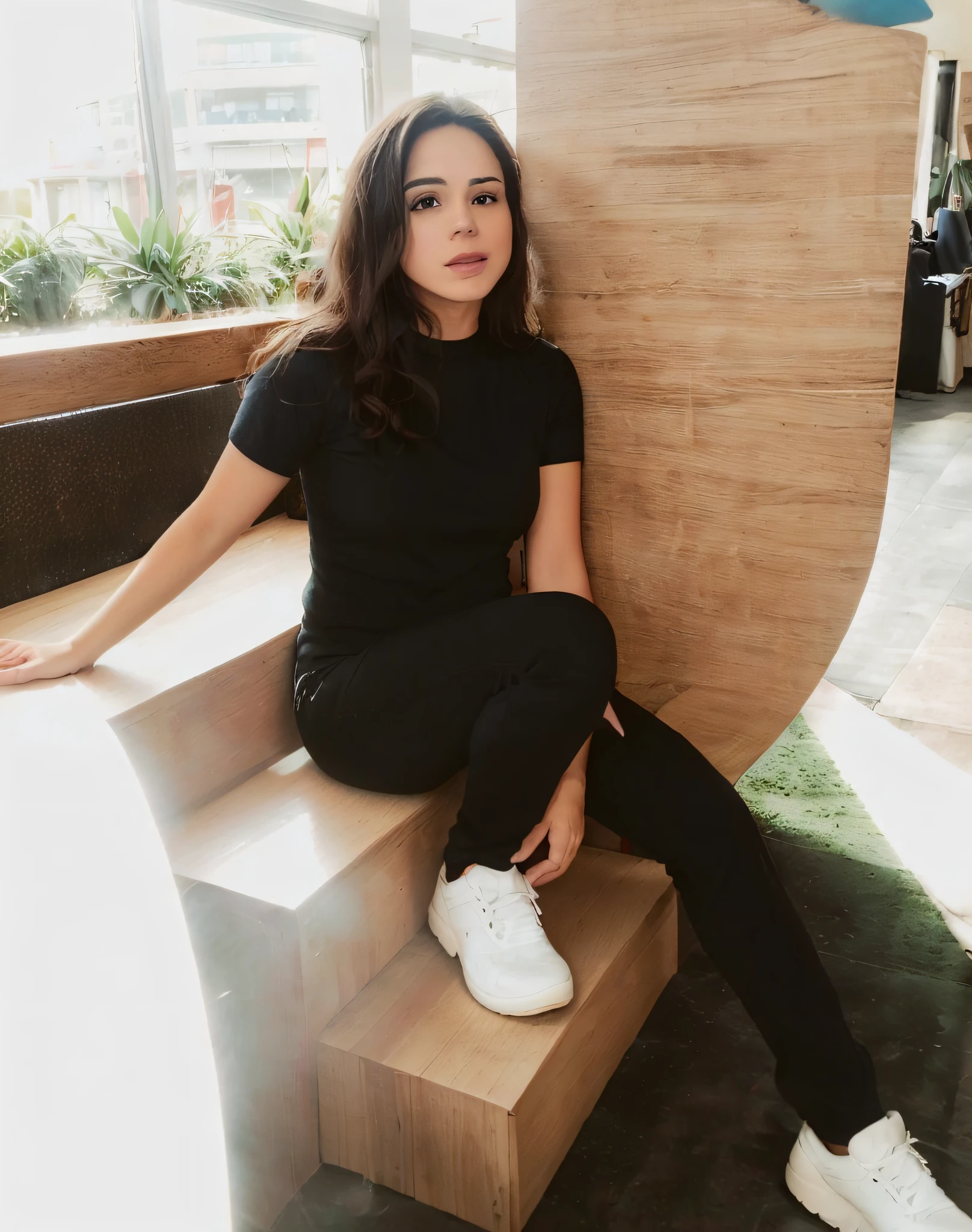There's a woman sitting on a wooden bench in a room, sentado em uma mesa, Pose casual, sentar-se casualmente, imagem de perfil, casual, em um shopping, standing in a restaurant, em um shopping, foto de perfil, infp mulher jovem, sentado em um lounge, sitting on ground, Alanis Guillen, sentado em cima de uma mesa, julia fuentes