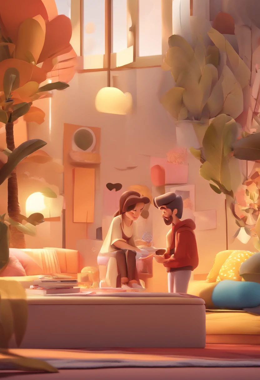 An illustration of an adorable couple, Destacando um homem e uma mulher com beleza, Expressive eyes – the man's hair is bald and brown and he has a full beard, While the woman's hair is tied up in a bun and blonde. They are a bright space, Todos com um sorriso no rosto, e compartilhe um momento especial, That is marked by love, viagem, and pedagogical insights. Ilustre esta cena a partir de uma perspectiva, where they're facing away from the camera, Show Your Connection. Desenvolva esta arte em Full HD, Focus on your cinematic touch, Estilo Disney Pixar Animations