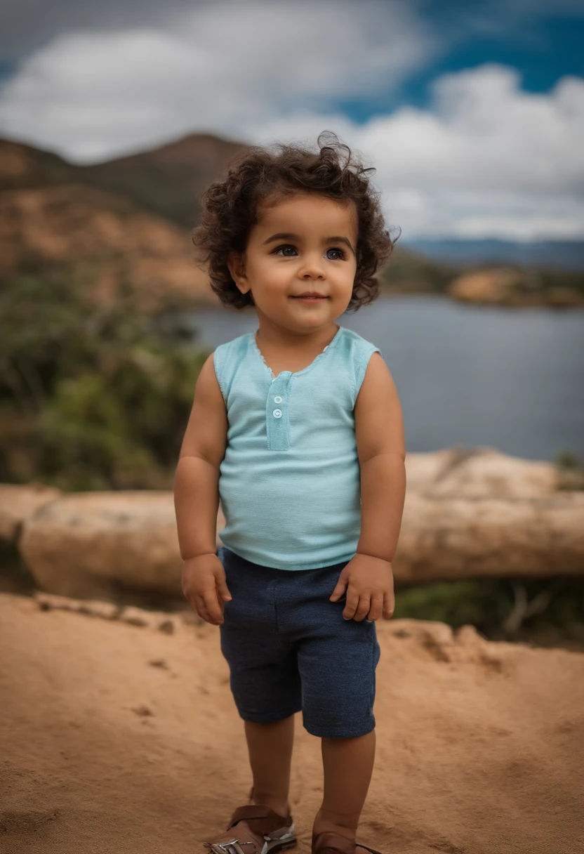 : Miguel, aproximadamente 5 anos de idade, cabelo curto estilo Disney, olhos castanhos e sorrisos. garota: Giovana, 2 anos, longos cabelos pretos e olhos azuis. scenecy: Miguel and Giovana are in a cozy little house in the valley, ao fundo um dia ensolarado, Destacando o Sol.