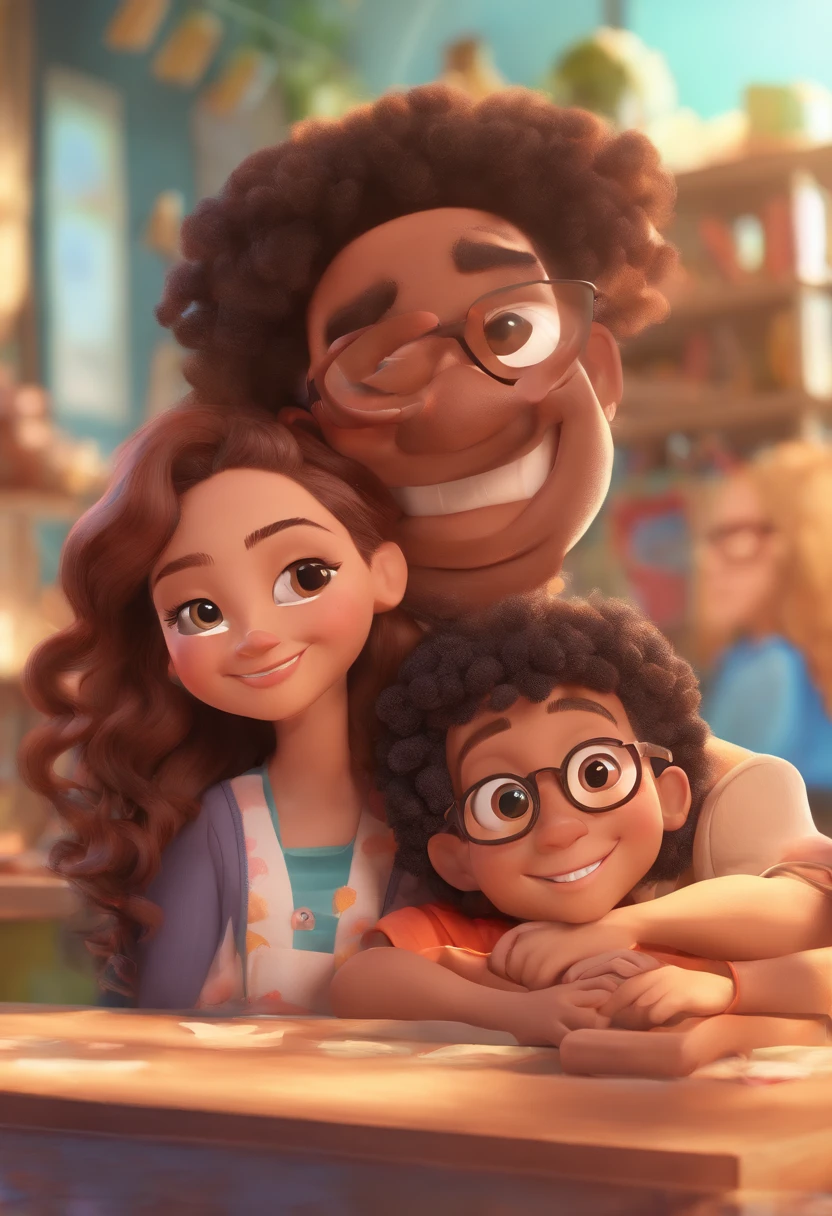 An illustration of an adorable couple, Highlight for a chubby mulatto man with glasses smiling and a brunette woman with beautiful expressive eyes - the man's skin is mulatto and the man's hair haswhile the woman's skin is black and the woman's hair is straight and brown. They are a bright room, cada um com um sorriso no rosto, e compartilhar um momento especial caracterizado pelo amor, Insights. Illustrate this scene from a perspective where they are facing the camera, Smiling and Showing Your Connection. Desenvolva esta arte em Full HD, Focus on your cinematic touch, Estilo Disney Pixar Animations