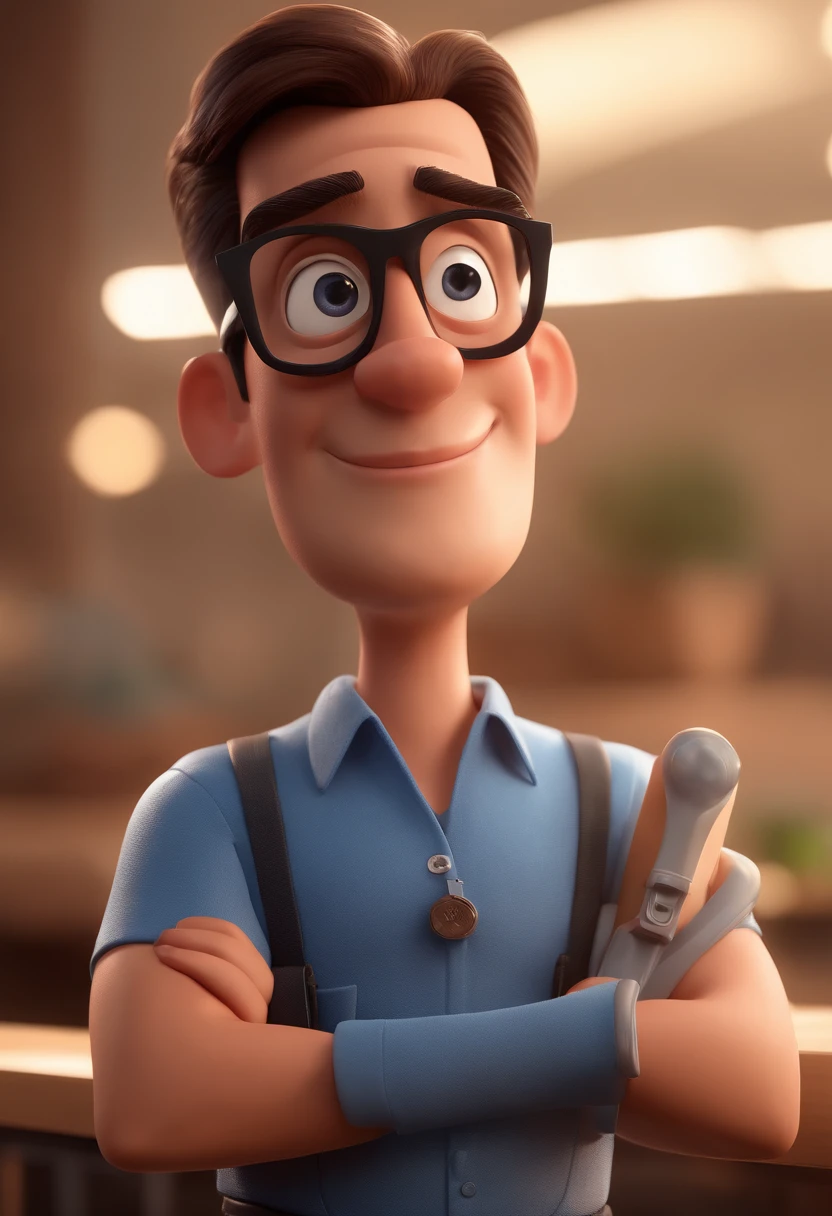 Cartoon character of a man with black glasses and a blue shirt, animation character, Caractere estilizado, animation style rendering, 3D estilizado, Arnold Maya render, 3 d render stylized, toon render keyshot, Personagem 3D, Personagem 3D, 3d rendering stylized, 3 d character render, personagem de desenho animado, Personagem de close up, Pose de personagem, (Estilo Pixar) (master part:1.2) (Bokeh) (best quality) (pele detalhada) (textura detalhada) (8k) (argila) (Cinematic lighting) (foco nítido
