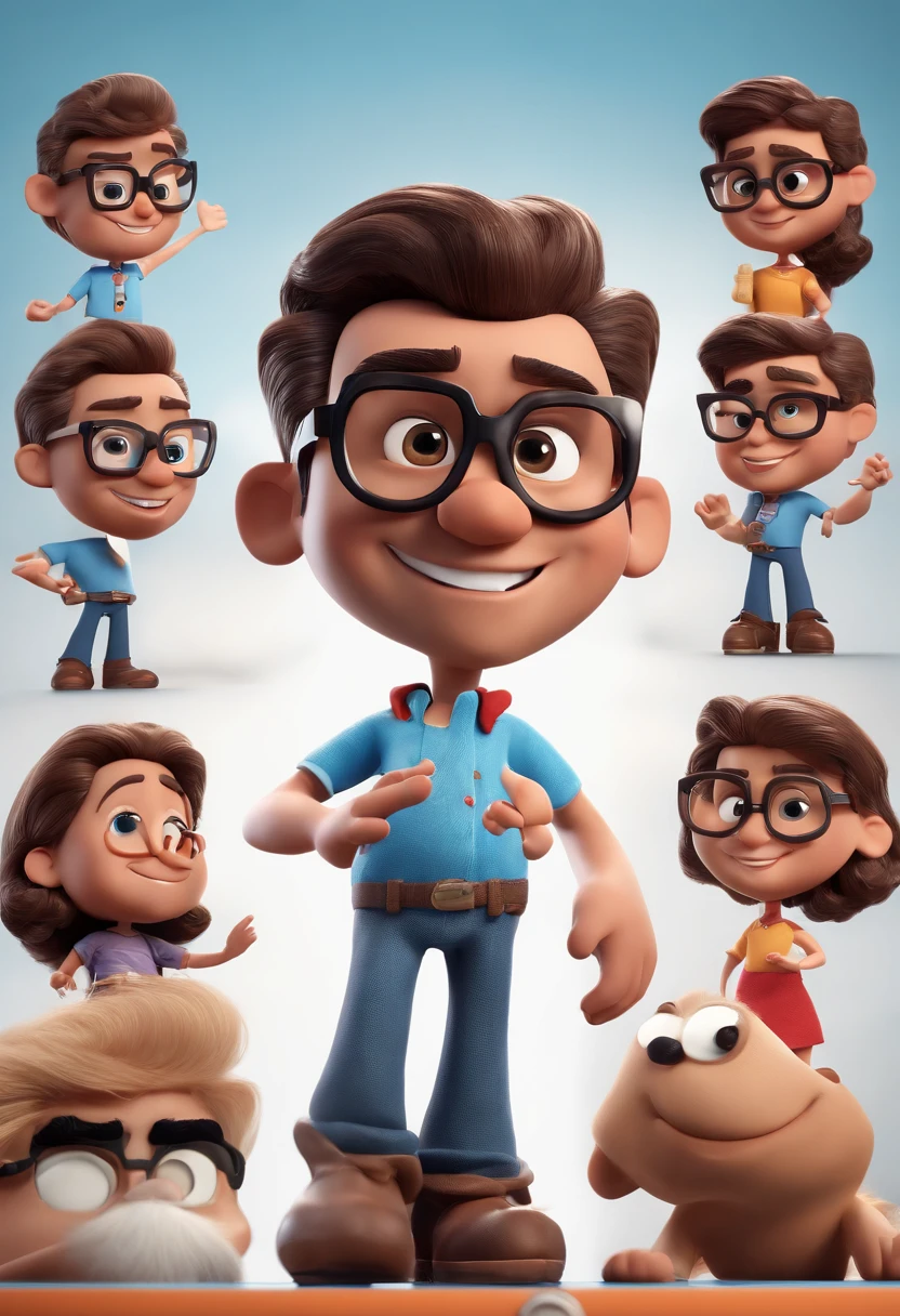 Cartoon character of a man with black glasses and a blue shirt, animation character, Caractere estilizado, animation style rendering, 3D estilizado, Arnold Maya render, 3 d render stylized, toon render keyshot, Personagem 3D, Personagem 3D, 3d rendering stylized, 3 d character render, personagem de desenho animado, Personagem de close up, Pose de personagem,  (Estilo Pixar) (master part:1.2) (Bokeh) (best quality) (pele detalhada) (textura detalhada) (8k) (argila) (Cinematic lighting) (foco nítido