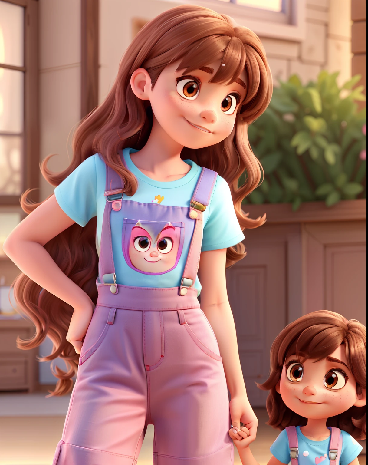 Pixar style friends, one with brown eyes, long dark brown hair with pink top and the other medium size hair, light brown color with bangs, light brown eyes and pink dungarees with light blue t-shirt, we are at heart